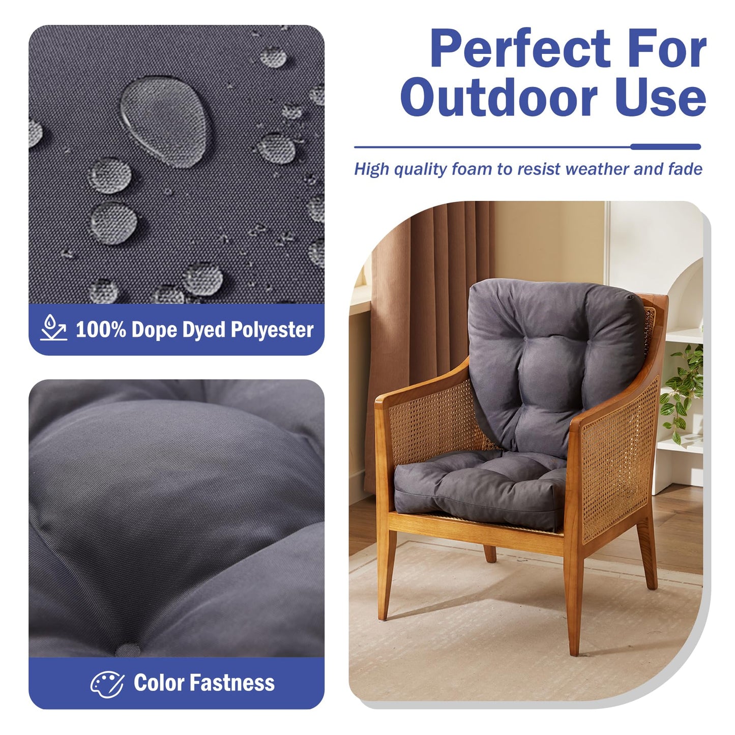 IPYNBAP Outdoor Chair Cushions Set of 2, Patio Chair Cushions with Ties,19x19+5” Tufted Outdoor Seat Cushions, Waterproof Patio Furniture Cushions, Outdoor Dining Chair Pads, Dark Grey