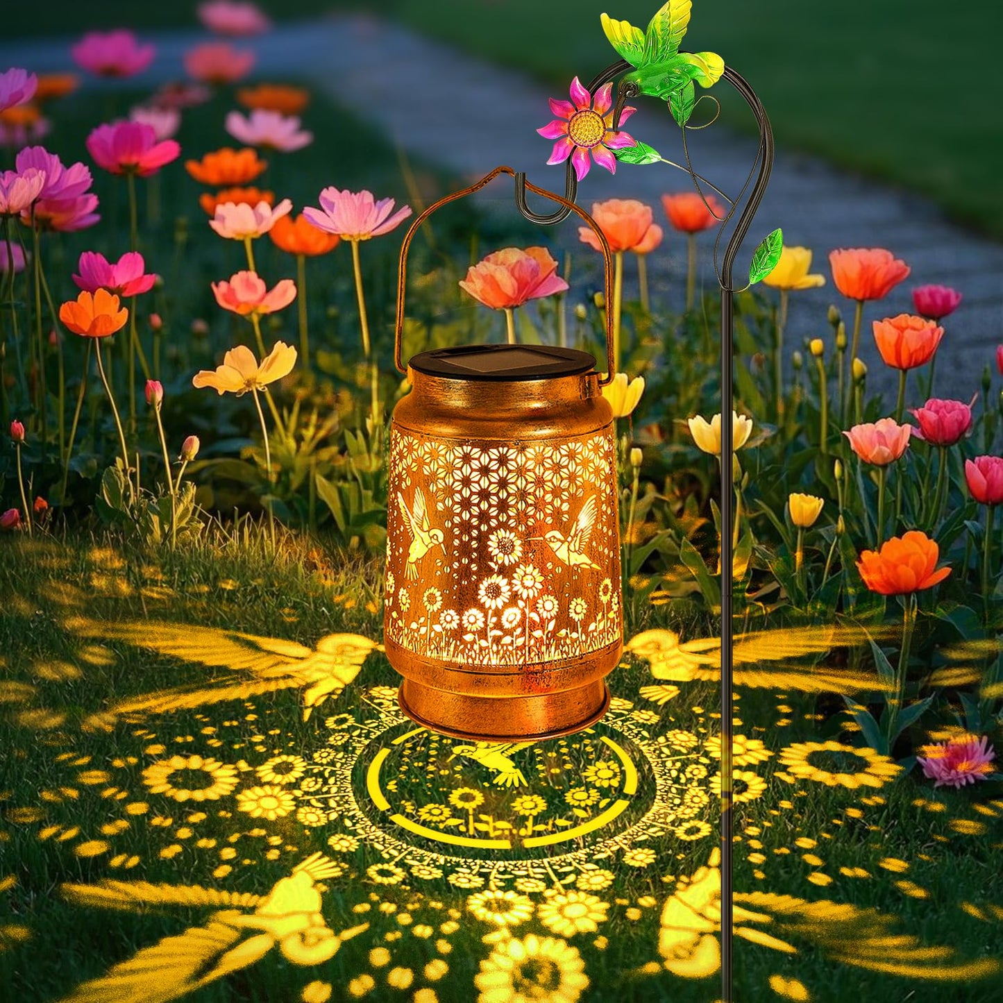 Hummingbird Sunflower Solar Lanterns Outdoor with Shepherd Hook, Birthday Gift Mothers Day Gift for Women Mom Grandma Wife Daughter, Waterproof Hanging Lights, Decor for Yard Garden Patio Porch Lawn