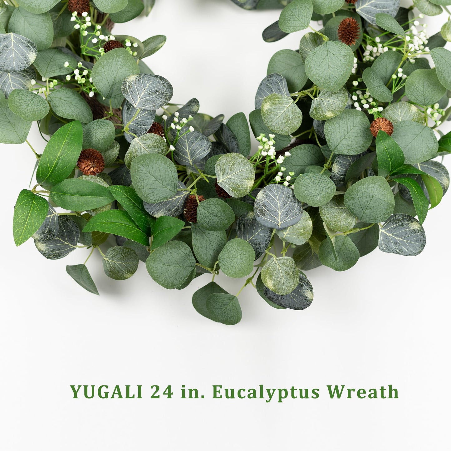 YUGALI 24" Spring Summer Eucalyptus Wreaths for Front Door, Artificial Silk Green Silver Dollar Eucalyptus Olive Leaves with White Berry Pinecone Accents Farmhouse All Seasons Outdoor Home Decor