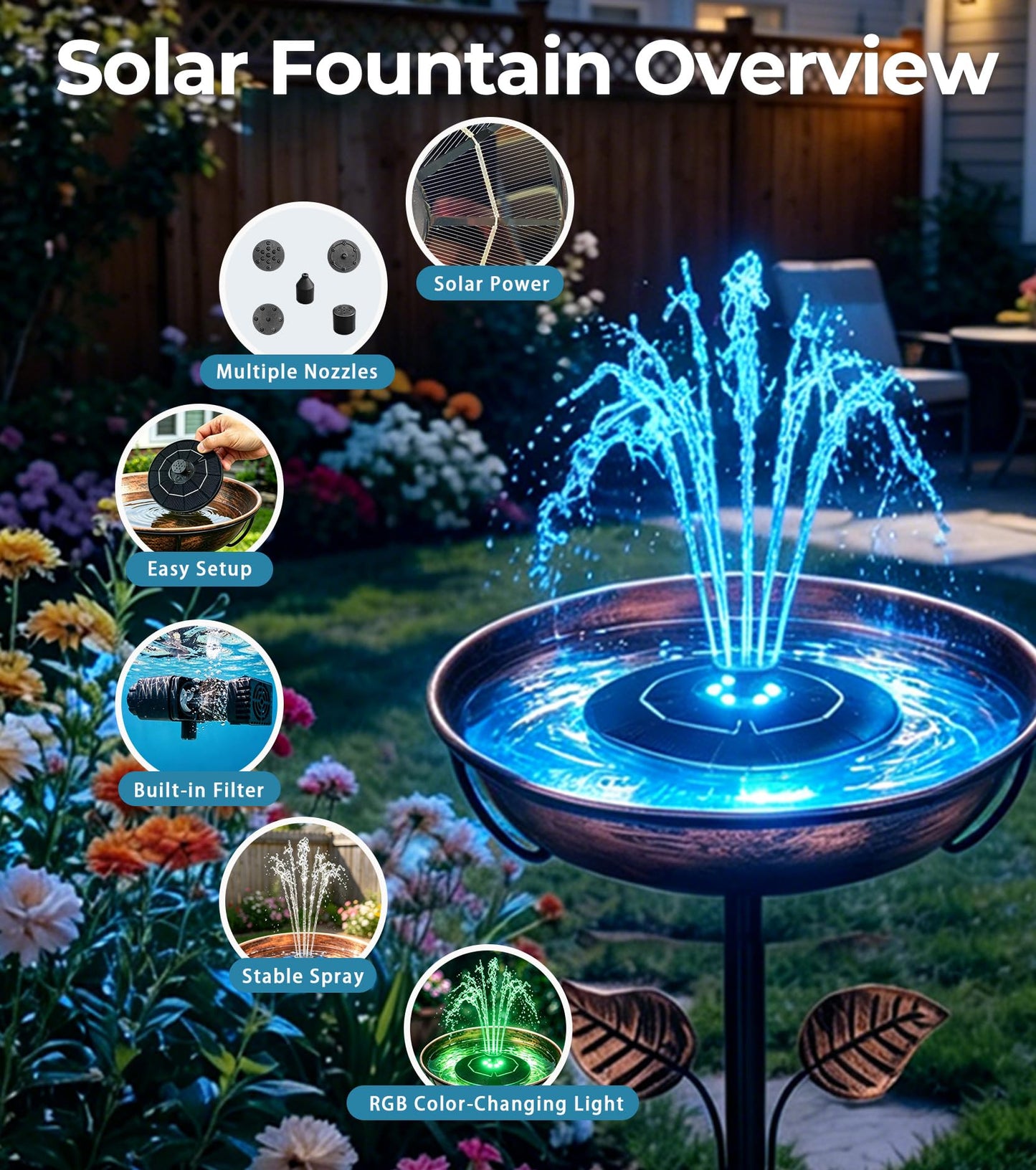 OUISJYER Solar Bird Bath Fountain with LED Lights – 6.3" Floating Solar Fountain Pump with Battery Backup | 9V/2W Powerful Water Spray, 5 Nozzles, for Bird Bath, Pond, Garden & Outdoor Decor