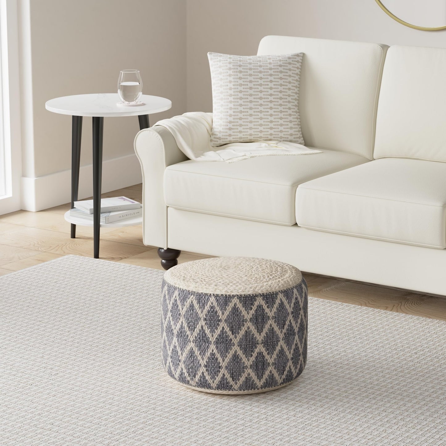 SIMPLIHOME Edgeley Round Pouf - 18 inch Wide Handwoven Jute and Cotton Ottoman in Grey and Natural, Boho-Style Footstool or Extra Seating for Living Room, Bedroom, or Kids Room, Assembled