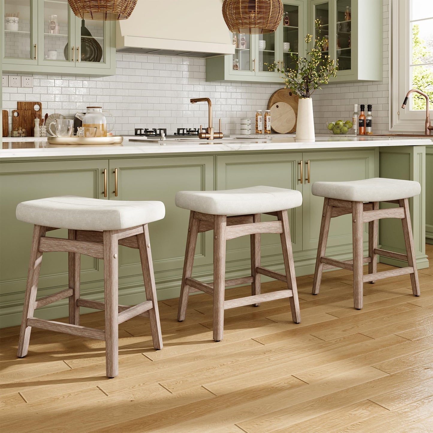 MAISON ARTS Counter Height Bar Stools Set of 4 for Kitchen Counter Solid Wood Legs with Fabric Saddle Seat Farmhouse Barstools for 34"-38" Counter Island Upholstered Stools, 24in, Creamy White