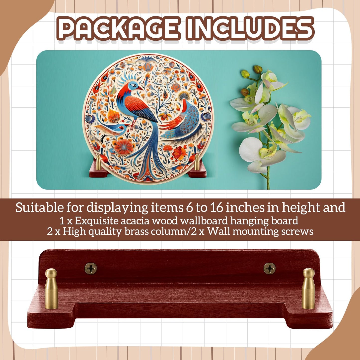Chunful 1 Piece Wall Plate Hanger for 6-16 Inch Plates, Includes 1 Acacia Wood, 2 Brass Columns & 2 Screws, Decorative Wall Mount Display Holder for Plates, Frames, Certificates, Artwork