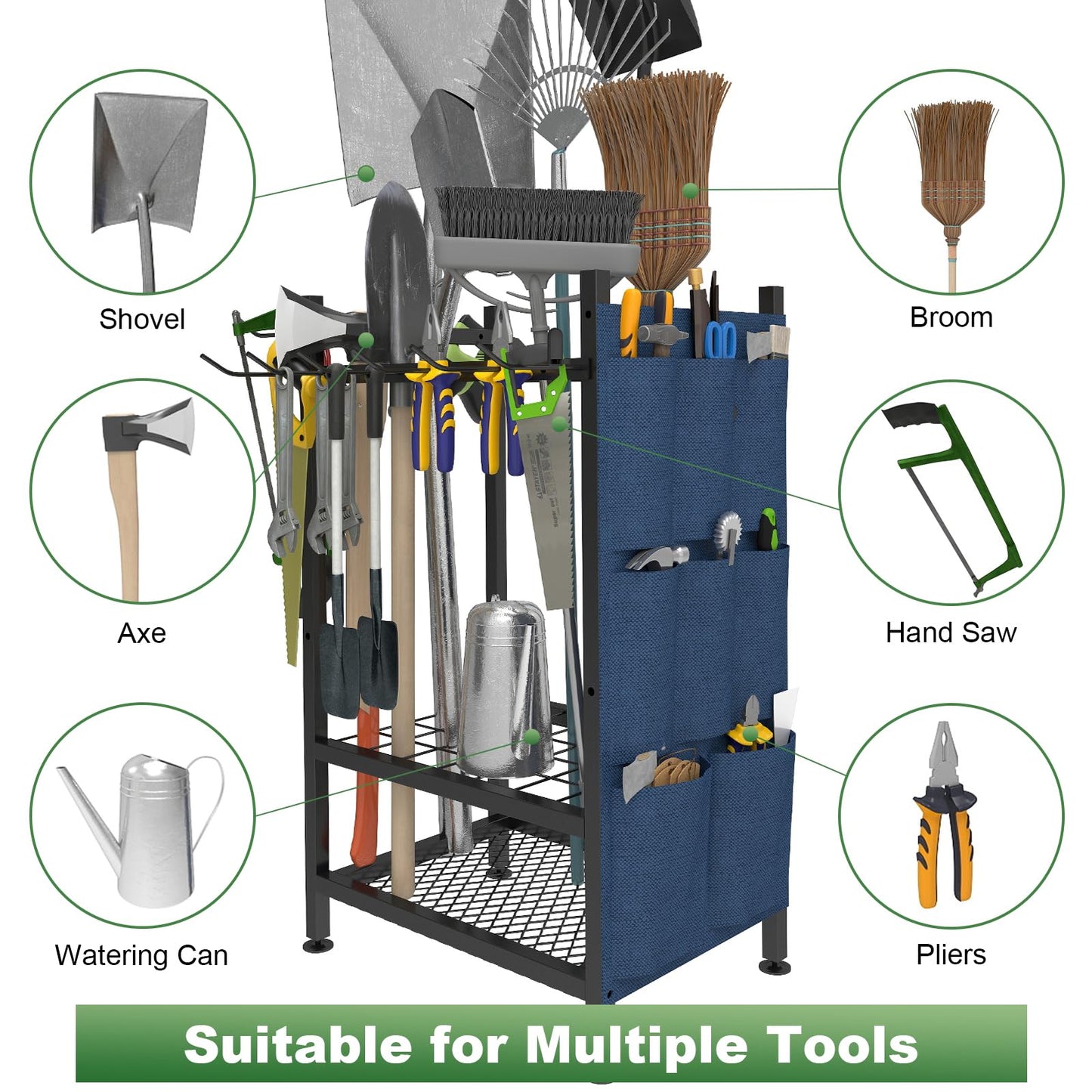 SAMRELAX Garden Tool Organizer, Garden Yard Tool Rack for Garage, Garage Organization and Storage, Metal Yard Tools Storage up to 46 Tools/Rake/Broom/shovel/, Suitable for Garage, Yard, Patio, Shed