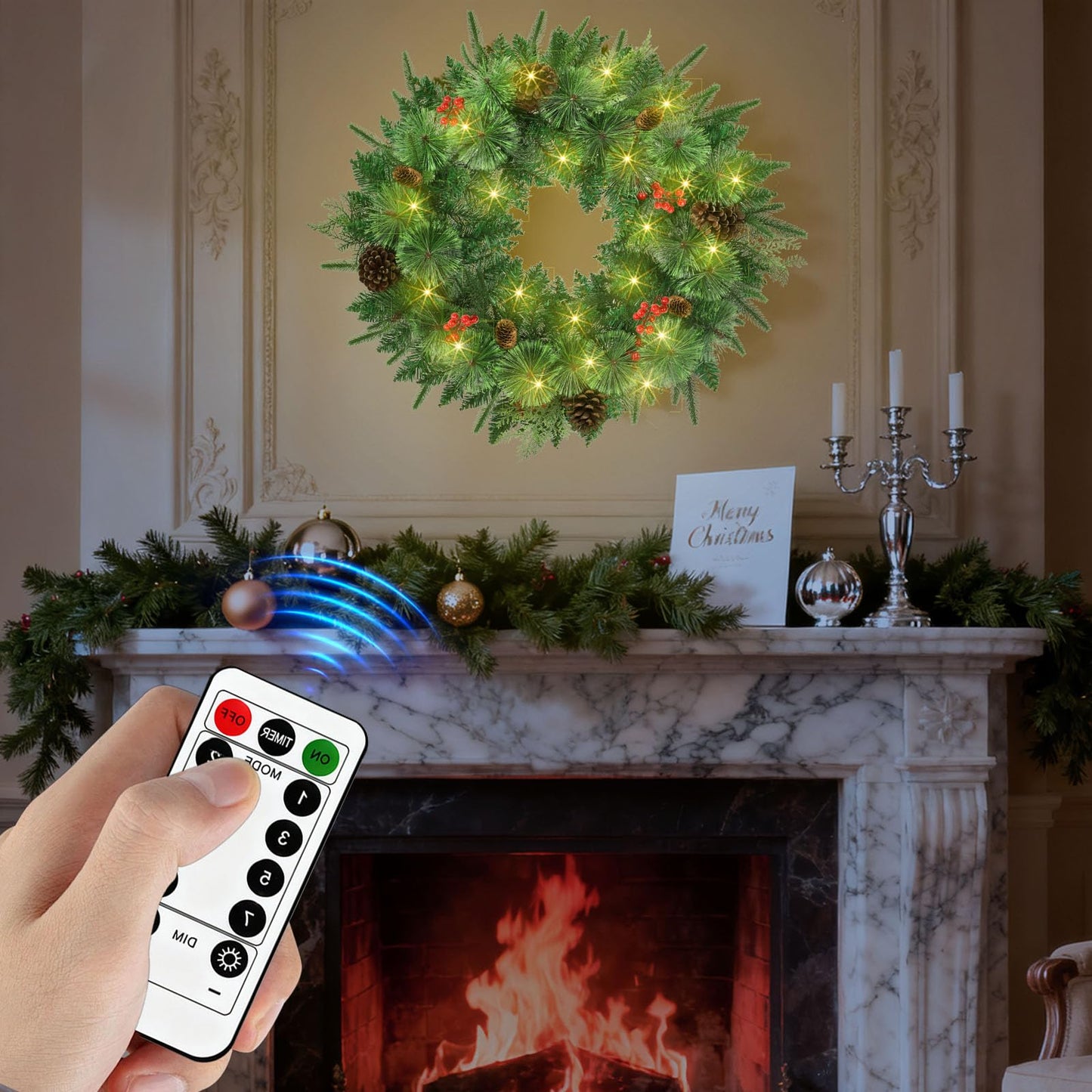 Remote Control 36" Pre-Lit Artificial Christmas Wreath, Norwood Fir Carolina Pine with Crestwood Spruce Pine Cones and Berry Clusters Warm White 75 LED Lights Christmas Decor in/Outdoor Holiday Decor
