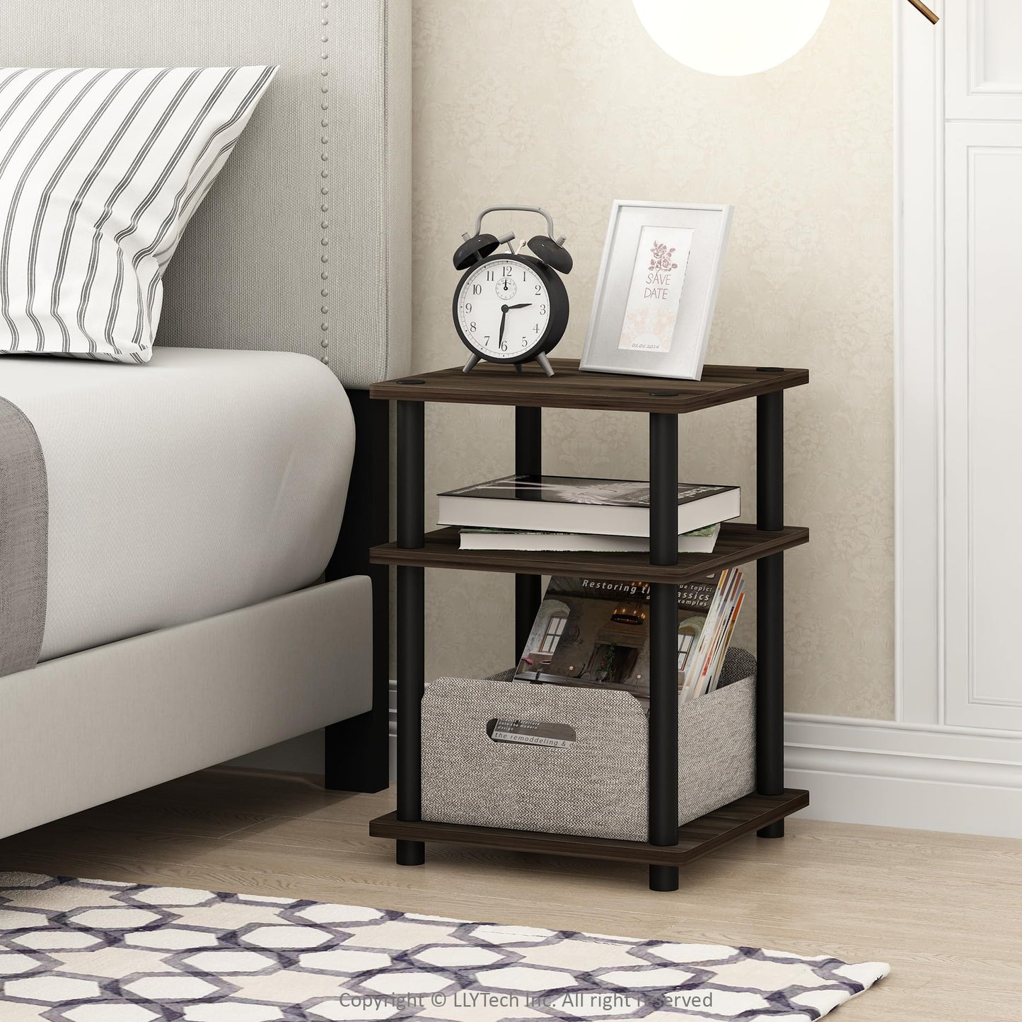 Furinno TURN-N-TUBE Side Table, 3-Tier Square Modern End Table, Open Shelves Nightstand, Night Stand, Bedside Table, Easy Assembly, for Living Room, Bedroom, Columbia Walnut