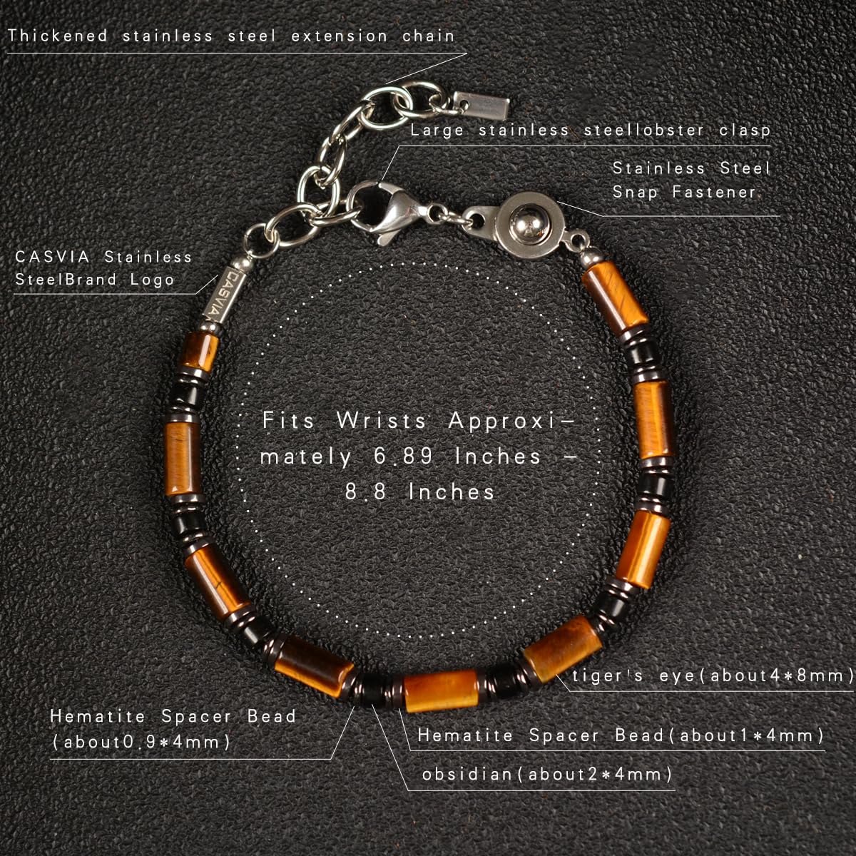 Casvia Men’s Beaded Tiger Eye Gemstone Bracelet - Handcrafted Original Design, Hematite & Obsidian Accents, Adjustable Stainless Steel Dual-Clasp, Thickened Steel Wire, 6.89–8.8 Inch, Gift for Men