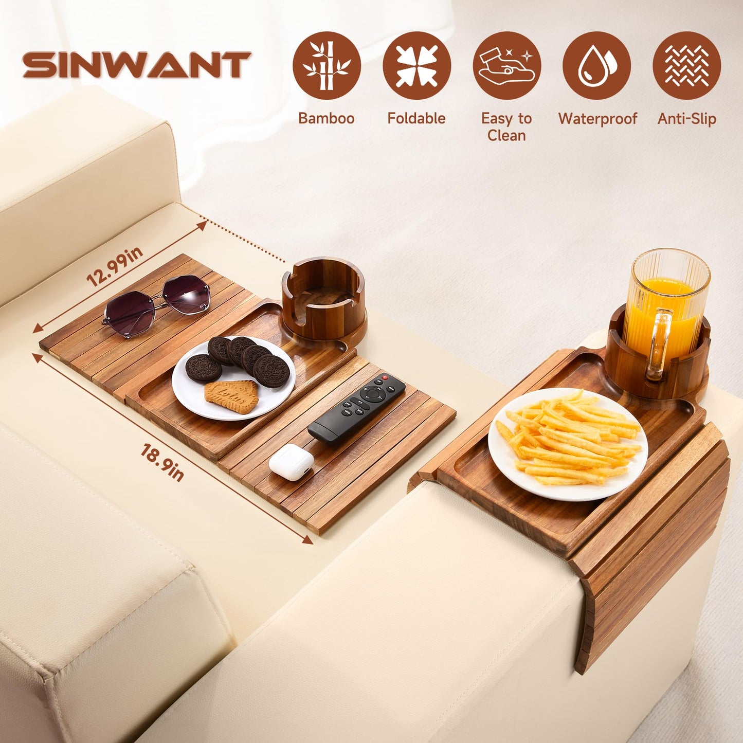 SINWANT Couch Cup Holder Tray,Acacia Wood Sofa Arm Clip on Tray Table with 360° Rotation Cup Holder,Foldable Anti-Slip Couch Armrest Table for Coffee Mug,Water Bottles,Snacks,Remote on Large Armrest