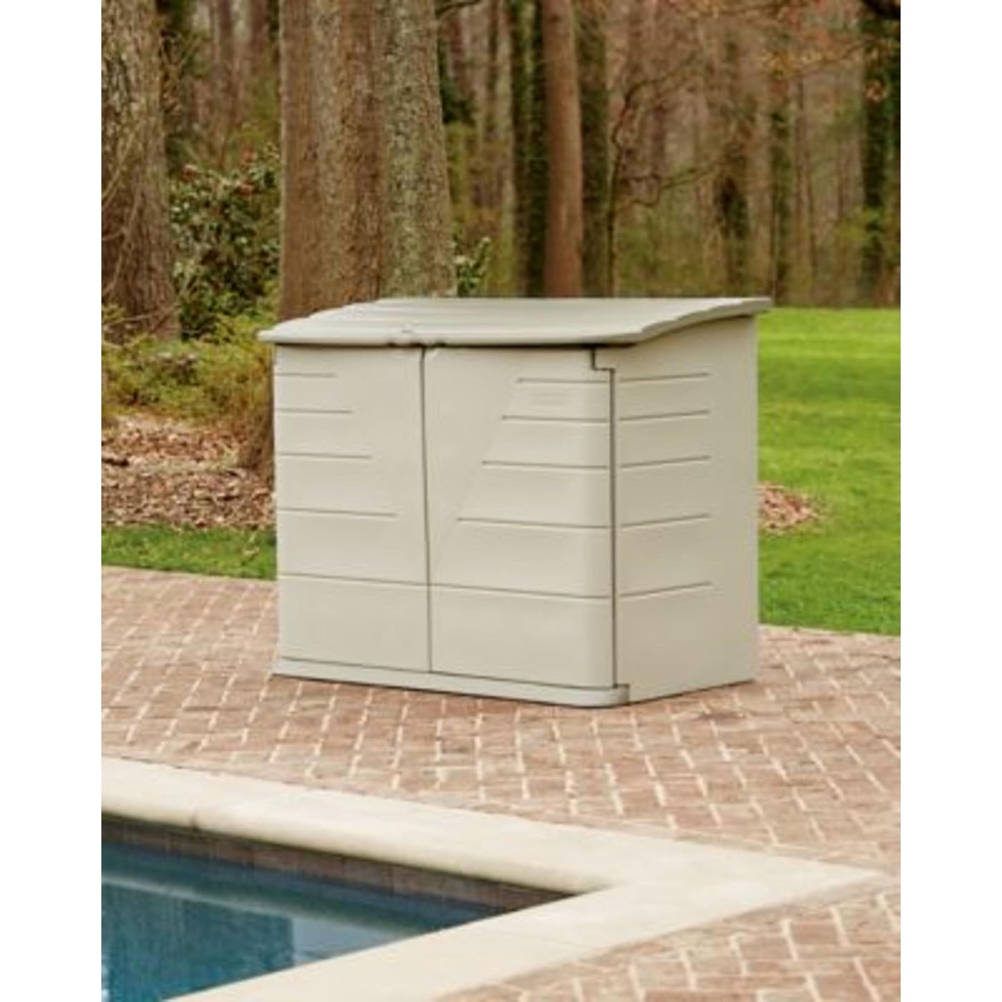 Rubbermaid Large Horizontal Resin Outdoor Storage Shed With Floor (5 x 4 Ft) Weather Resistant, Beige/Brown, Organization for Home/Backyard/Pool Chemicals/Toys/Garden Tools/Porch/Patio Cushions