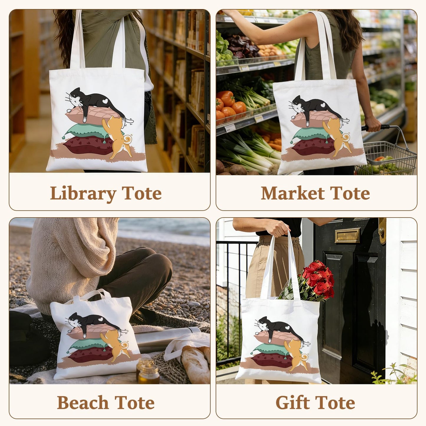 GICDSU Black Cat Cotton Canvas Tote Bag with Zipper, Reusable Grocery Bags, Beach Foldable Tote Bag for Women, Funny Totebag with Inner Pocket for Shopping Travel Gym Work