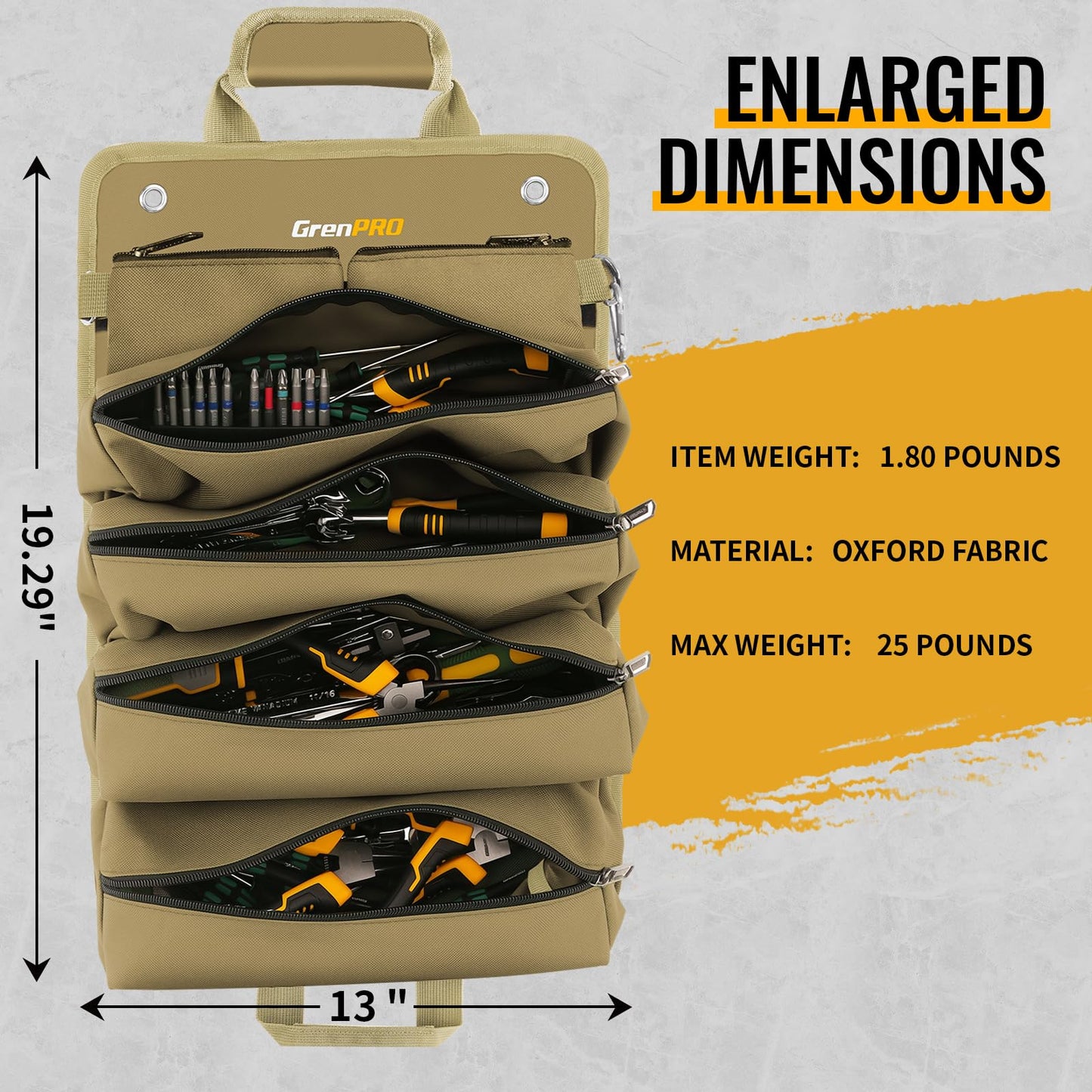 GrenPRO Roll Up Tool Bag, Tool Roll Up Bag with Detachable Tool Pouches, Soft Rollable Tool Pouch, Tool Organizer for Electricians, DIY, Valentines Day Gifts for Him Dad Men Mechanic Welding, Khaki