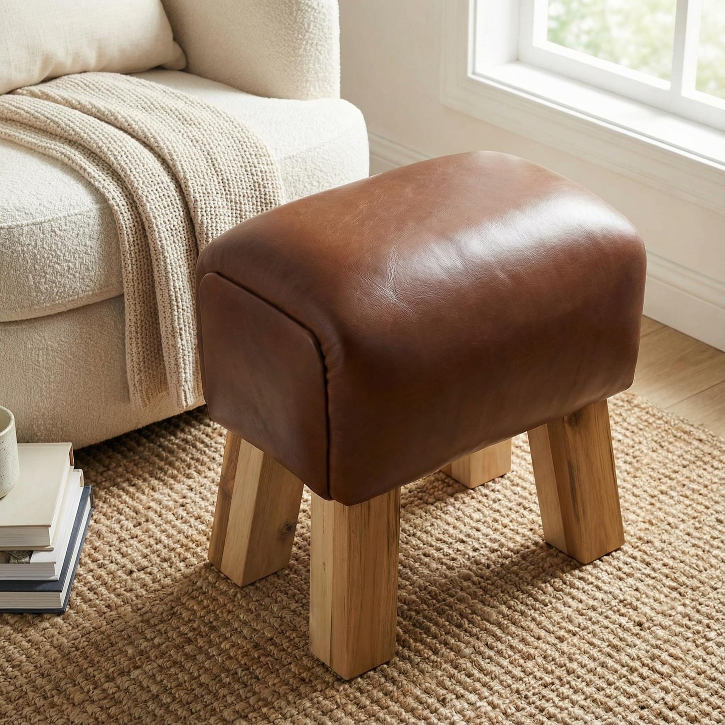 Bare Decor Gorgie Accent Stool in Brown Genuine Leather with Teak Legs Small
