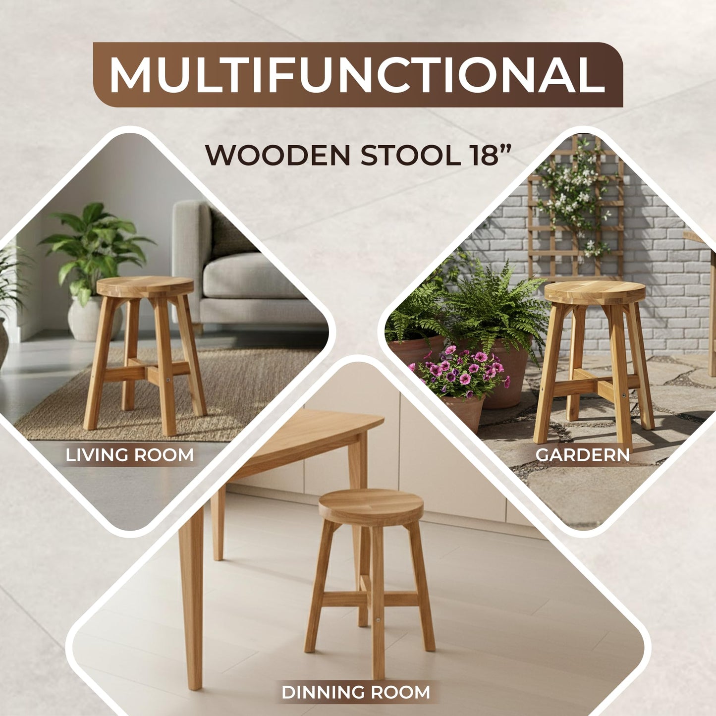 ARROWSTONE Round Stool Acacia Wood, 18" Height, 11'' Round Top, Backless, Easy Assembly, Natural Wax Finish, Wooden Stool for Plant, Dining Room, Kitchen Counter, Makeup