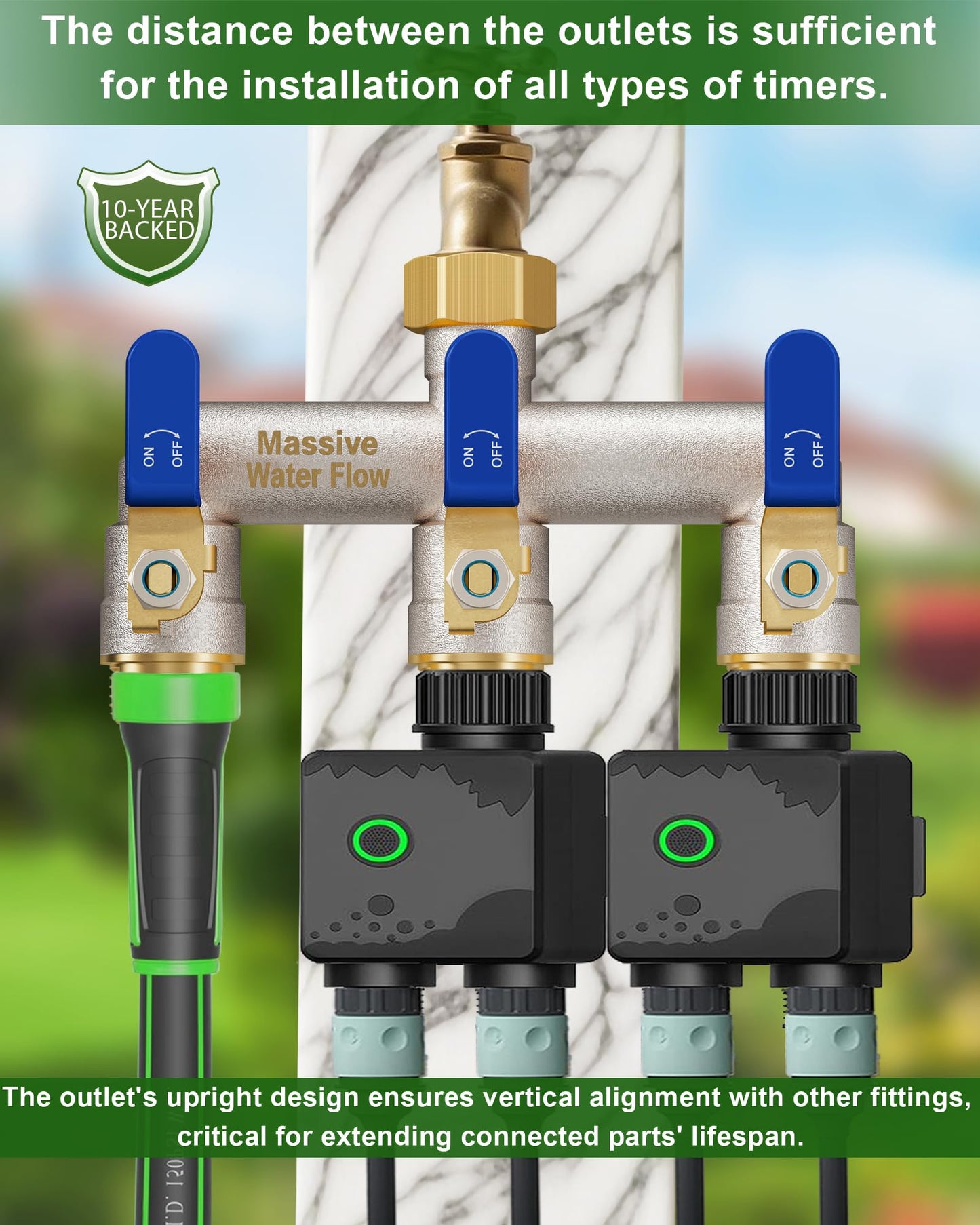 3 Way Hose Splitter Heavy Duty, Garden Hose Splitter with 3 Long Handle, Full Flow Brass Nickel Plated Water Hose T Spigot Splitter Adapter Connector, 3/4 - Inch GHT Thread (Blue)