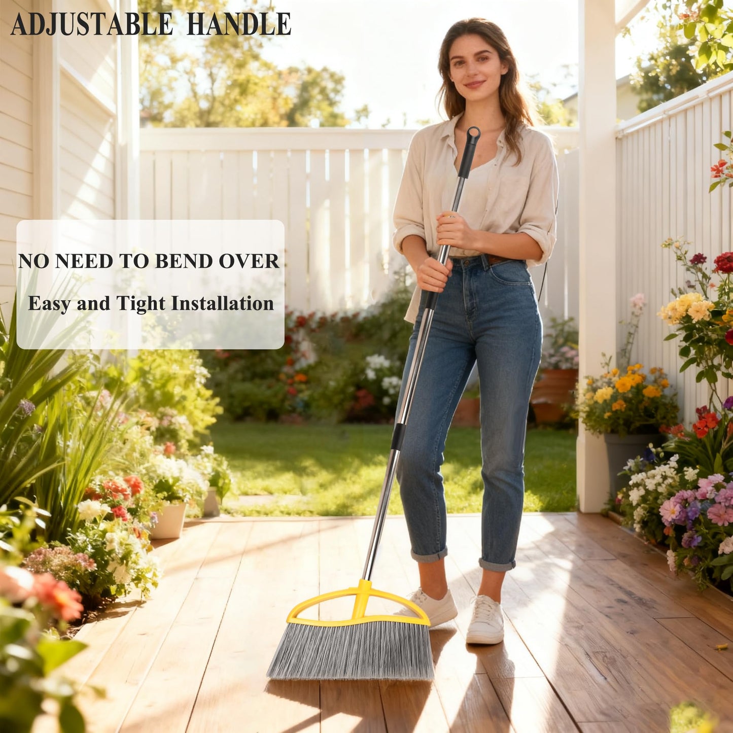 Chanhoo 3 Pack Wide Heavy Duty Angle Broom - Stiff Bristle Outdoor Brooms for Sweeping Patio, Garden, Garage, Yard (Black, Yellow, Green)
