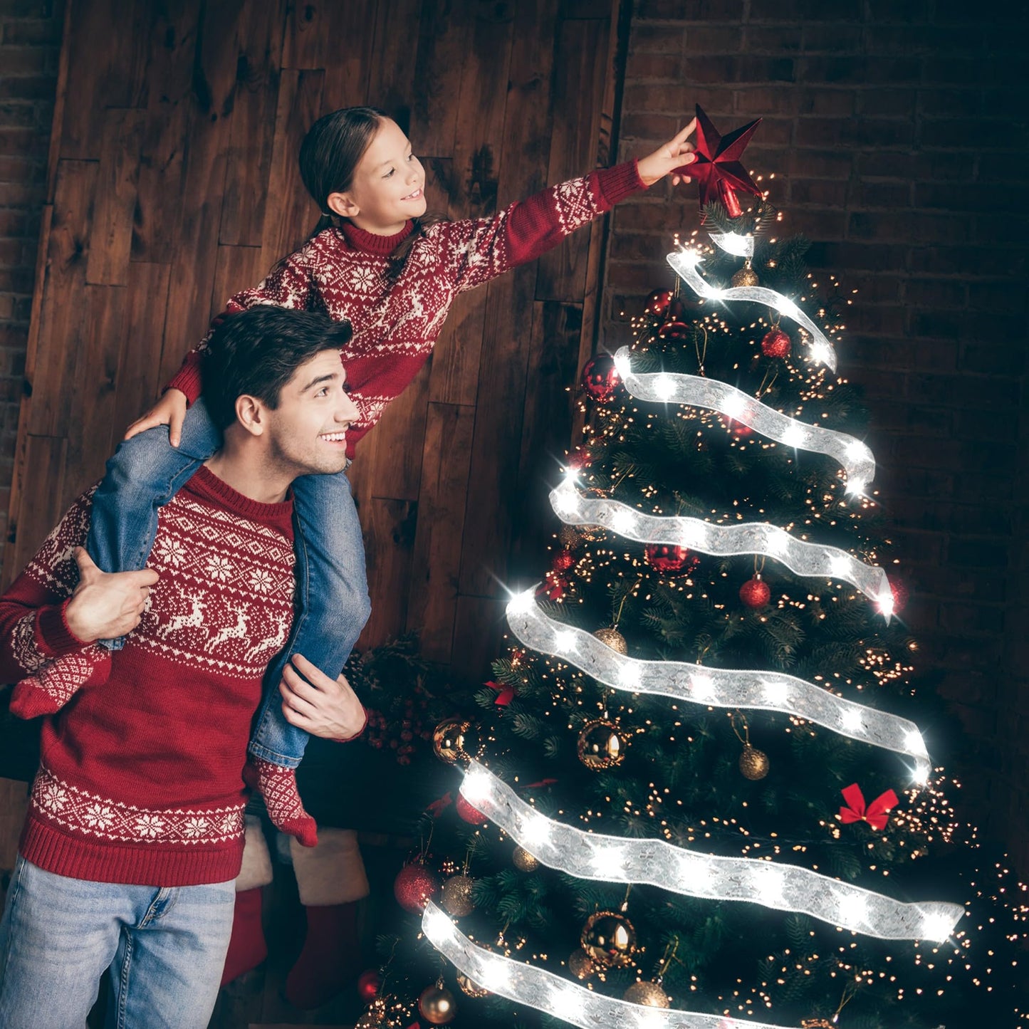 Vimorg Christmas Decorations, 2.5Inch x 33Ft 100 Led Christmas Tree Ribbon Lights with Remote Control, Battery Operated & USB Powered 8 Lighting Modes Fairy String Lights with Timer for Xmas Decor