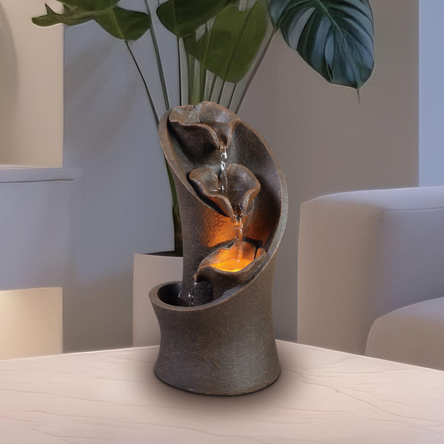 Kalona Tabletop Waterfall Fountain, 3-Tier Indoor Water Fountain for Home Office Decor, Relaxing LED Fountains with Artistic Stone-Look Design for Meditation (23005)