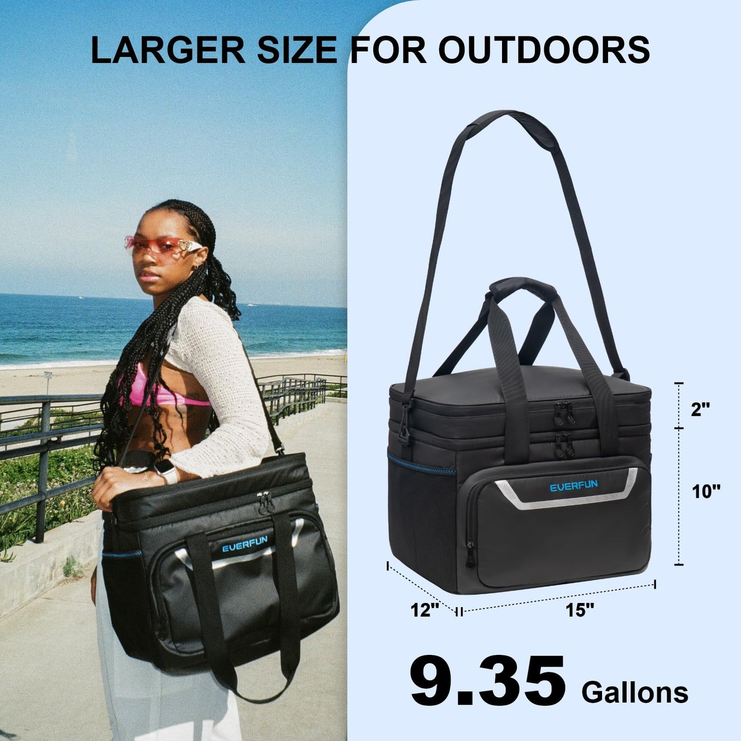 EVERFUN Large Soft Cooler Bag Insulated Cooler 48 Can Dual Compartments Collapsible Waterproof Leak-Proof for Camping Travel Beach Picnic, Black