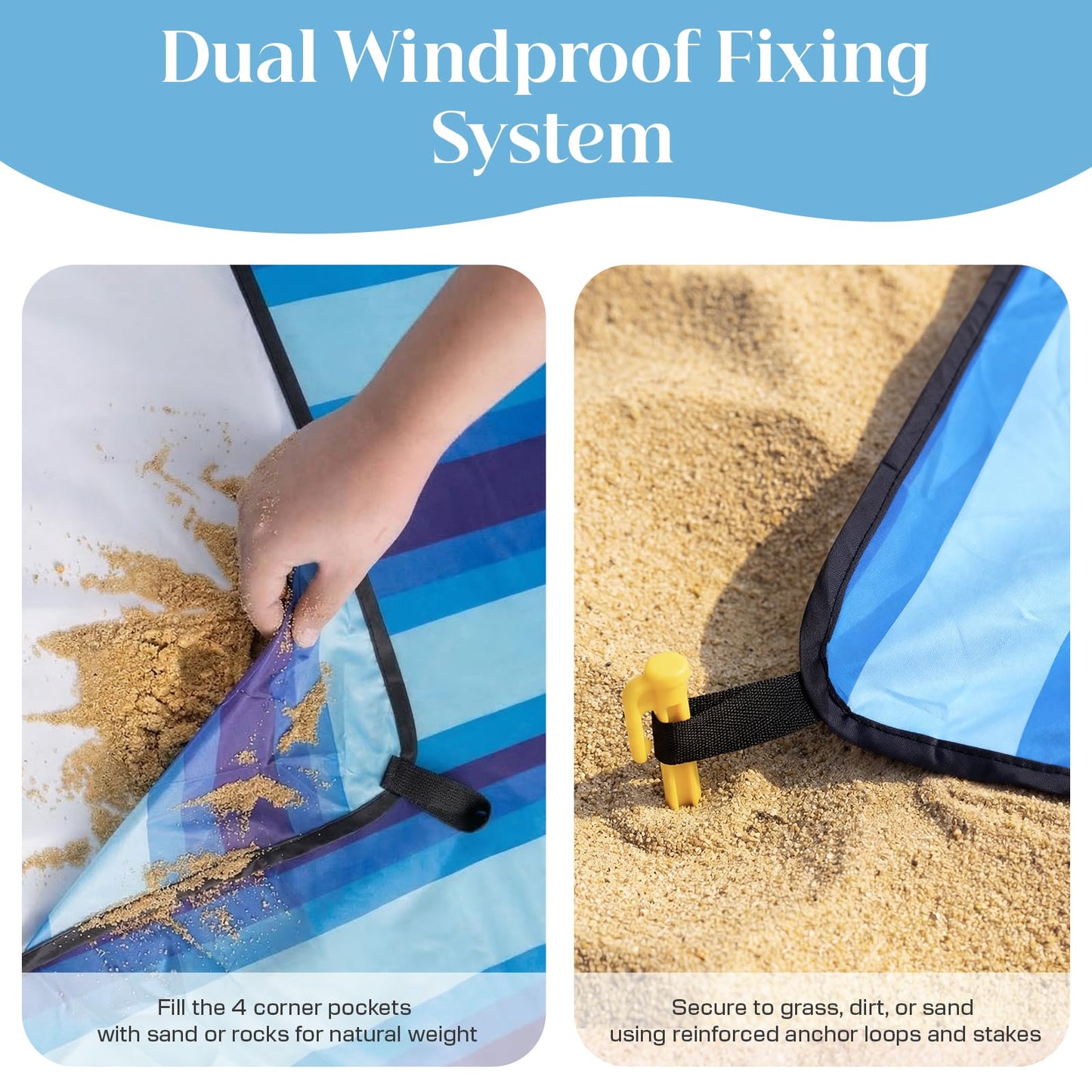 Beach Blanket Sandproof - Oversized Extra Large Waterproof Beach Mat for 3-4 People, Lightweight Sand Free Mat for Summer Vacation with 6 Stakes & 4 Corner Pockets for Beach, Camping 7x7ft Blue Stripe