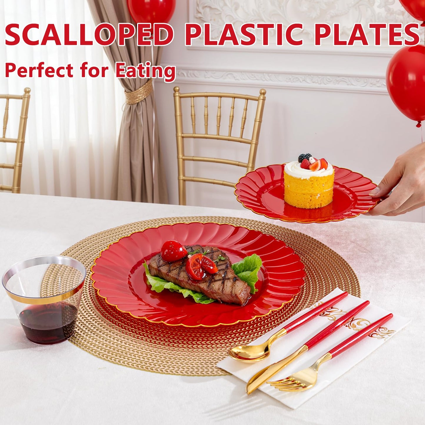 Ciaell 175 PCS Red Scalloped Plastic Plates with Gold Trim - Red Plastic Silverware with Handle - Fancy High-End Dinnerware Sets for Wedding & Party & Mother's Day