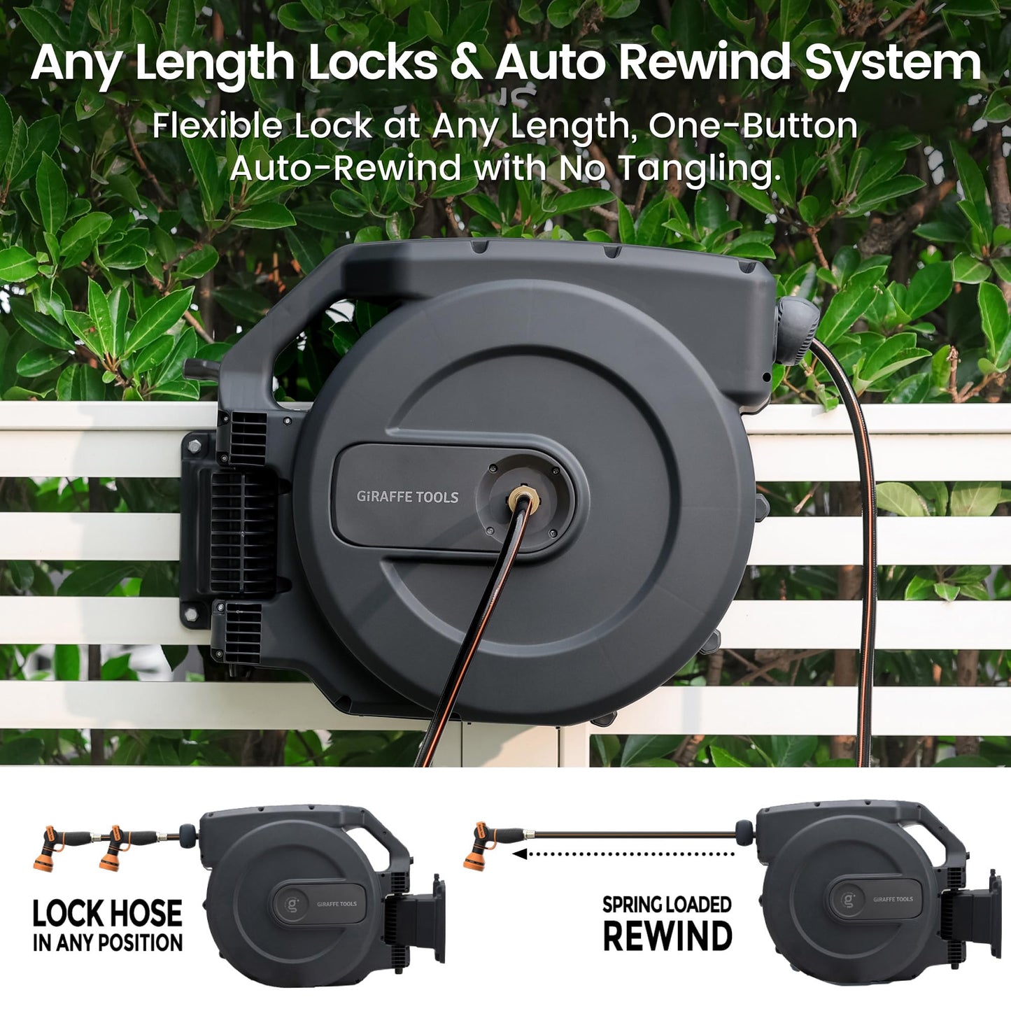 Giraffe Tools AW505/8 Retractable Garden Hose Reel 5/8" x 115+5 ft, Heavy Duty Wall Mounted Water Hose Reel Automatic Rewind, 180 Deg Swivel Bracket, Slow Retraction, 115ft, Dark Grey