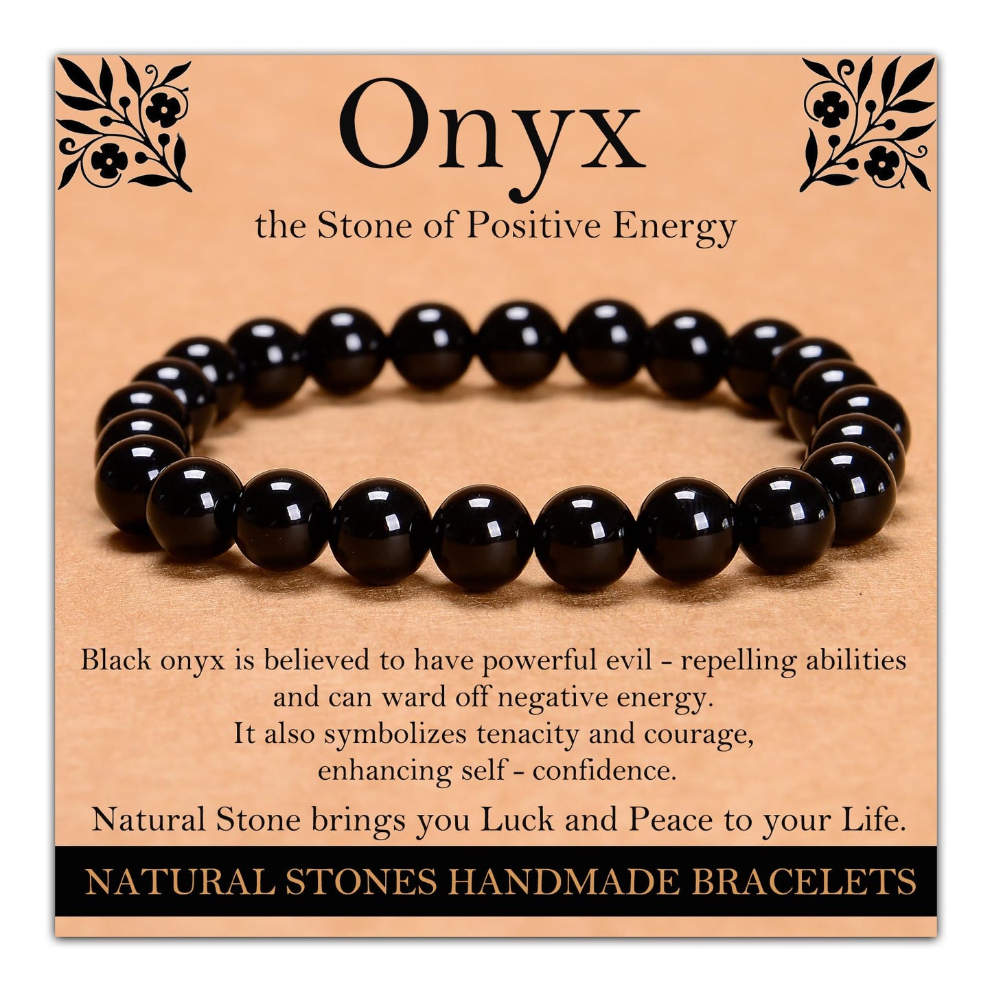 Handmade Natural Gemstone Elastic Bracelet - Healing Crystal Beads Jewelry, Unisex (Black Onyx, 8mm)