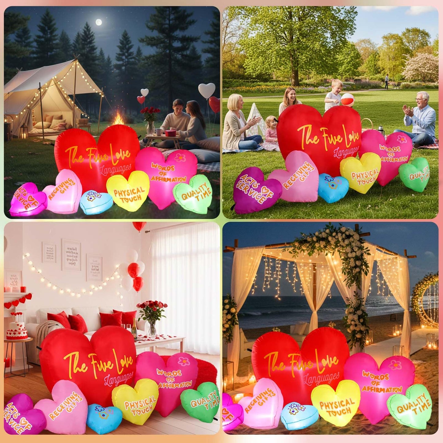 Valentines Inflatables Outdoor Decor, 6FT Long 5 Love Languages Hearts Blow Up Yard Decor with LED Lights, 7 Romantic Hearts Proposal Anniversary Wedding Lawn Garden Decoration, Weather Resistant