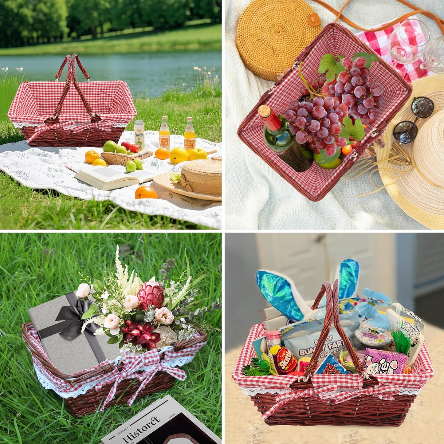 Yiksonyo 2 Pack 13.78 Inch Rectangle Willow Basket, Wicker Basket with Double Handle, Willow Woven Picnic Basket, Perfect for Easter, Picnic, Decor, Storage, and Wedding(Medium & Reddish Brown)