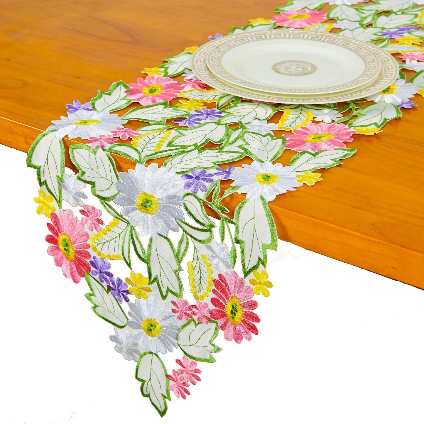 AMARED Spring Daisy Table Runners Embroidered Flowery Applique Floral Cutwork Table Linen for Home Decoration (13 X 54 Inch)