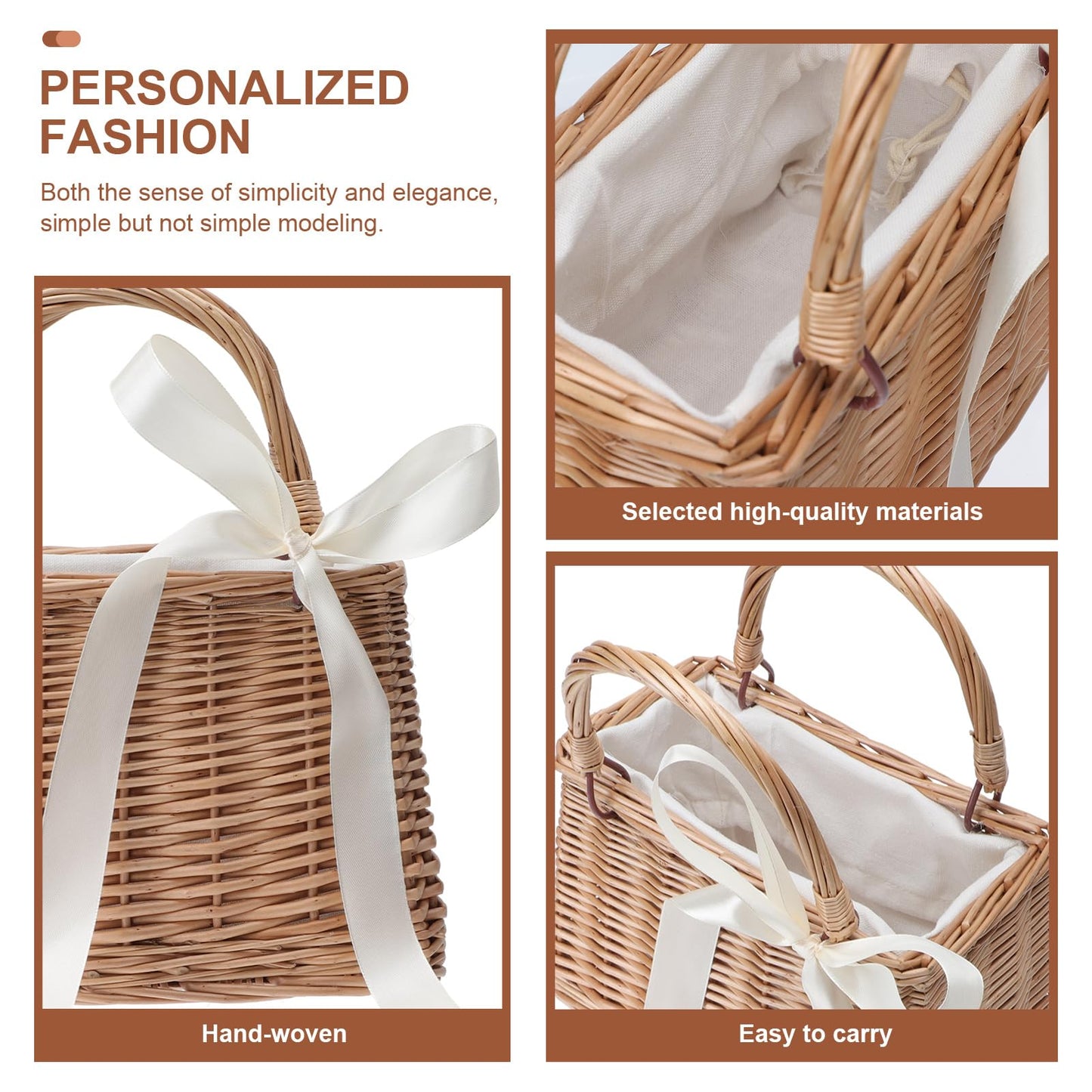 CARMELIT Flower Girl Basket Boho Style Rattan Baskets with White Ribbon for Weddings, Classic Wicker Handbag Basket Purse Baskets Bags Women Straw Tote with Handle
