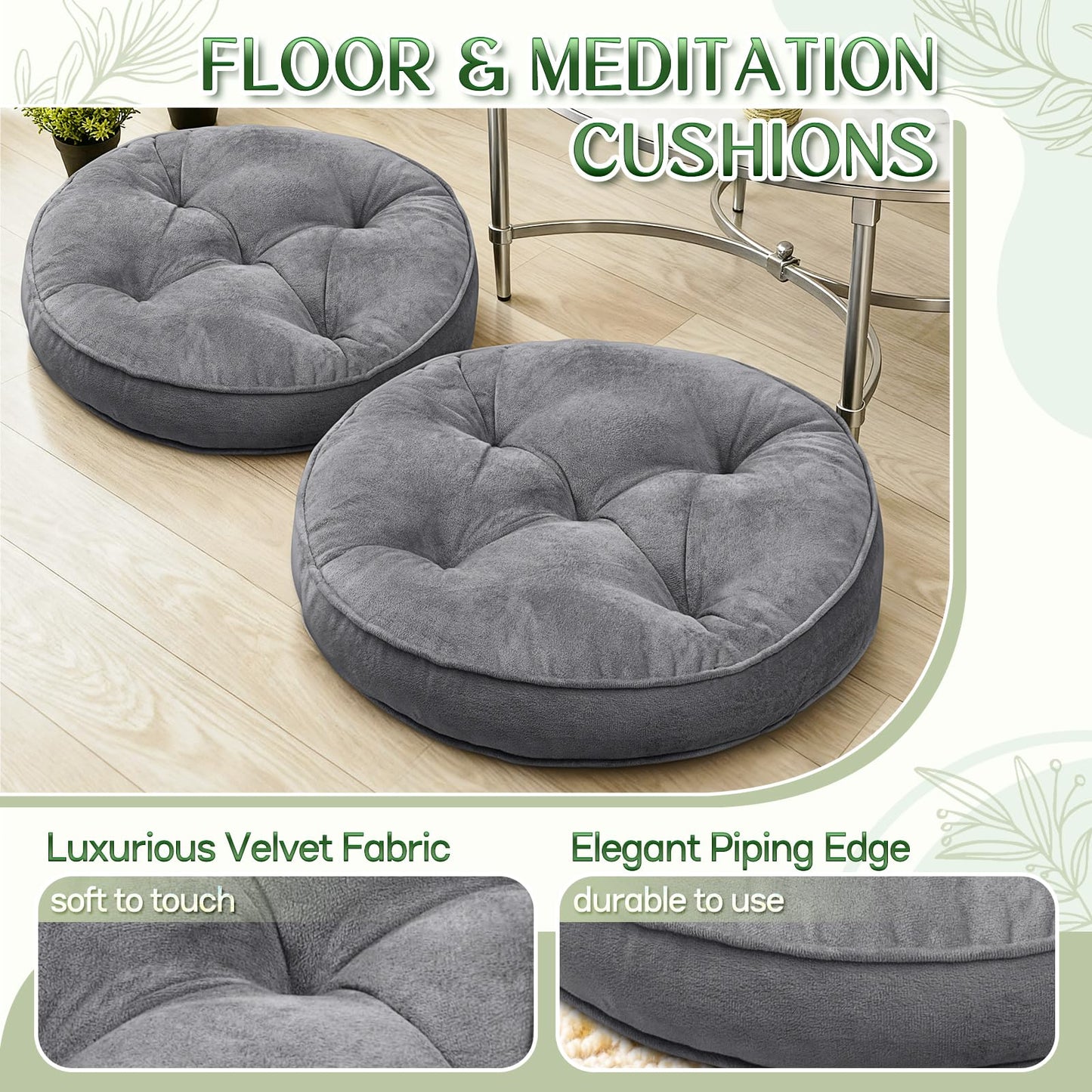 1 MIDDLE ONE Floor Pillow Set of 2, Memory Foam Meditation Cushion, Floor Cushions for Adults Sitting, Large Round Seat Cushions for Yoga, Living Room, 20x20 Inch (Round | Grey)