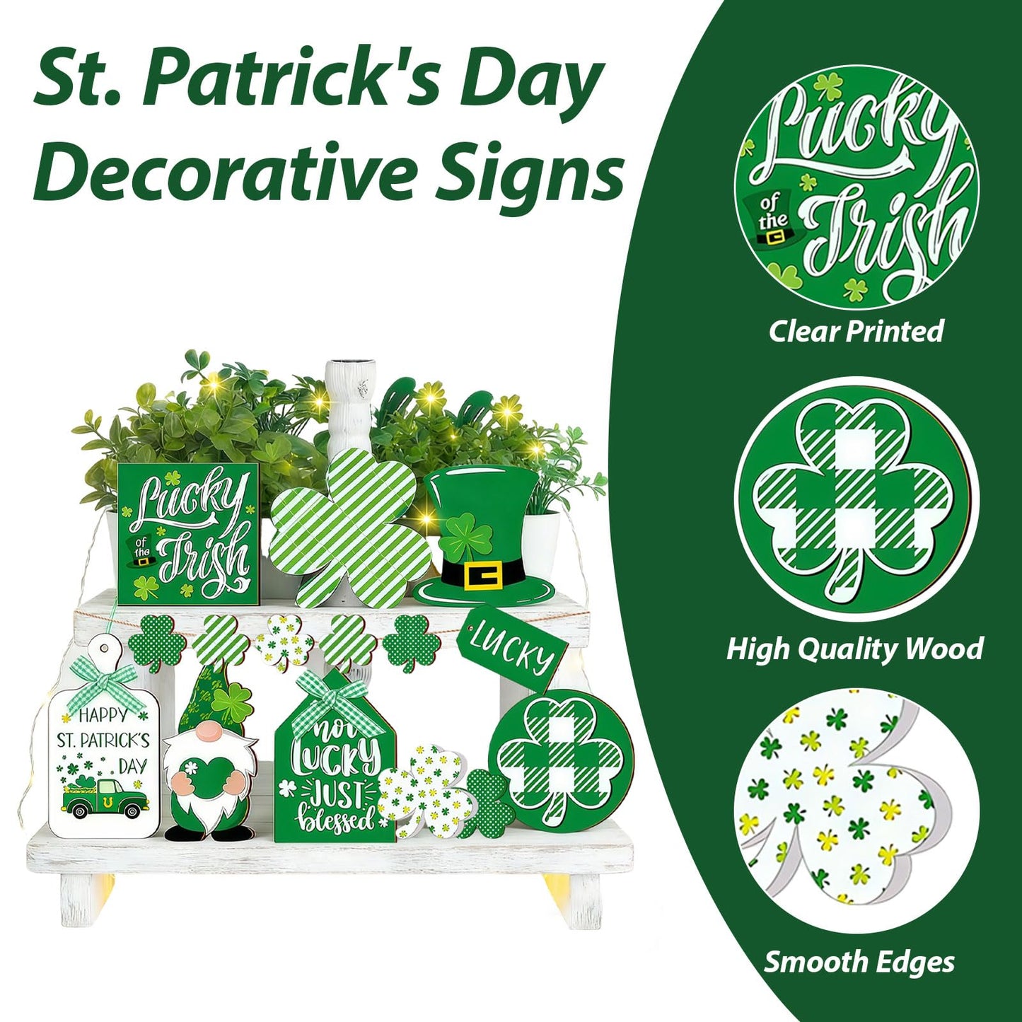 15PCS St. Patrick's Day Tray Decor Wooden Signs Table Centerpieces with Plush Gnome, Shamrock Pattern, Blessing Ornaments & 1 Mini String Light for St. Patrick's Day Party Tabletop Tray Decoration
