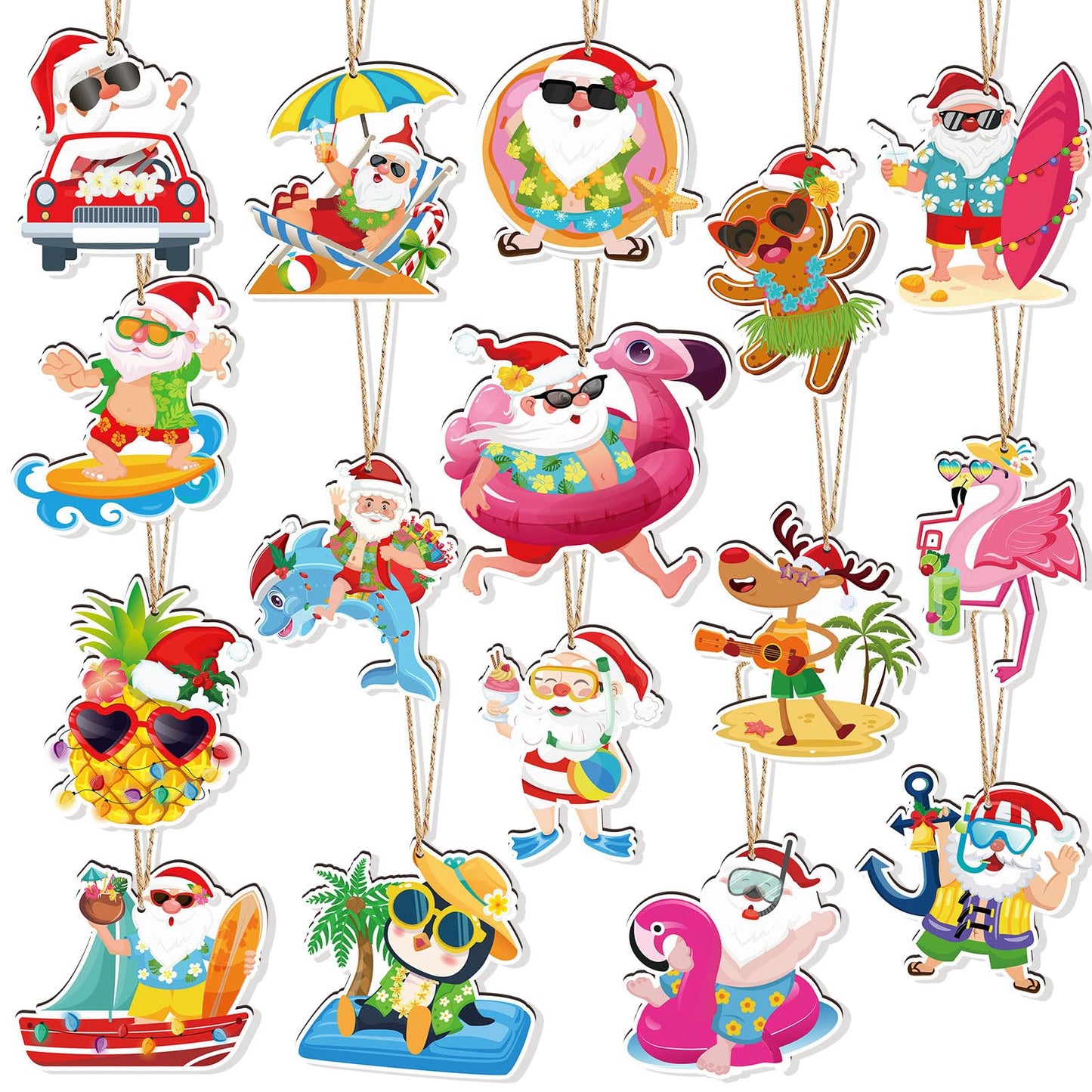 HOWAF 32pcs Hawaiian Christmas Ornaments for Tree, Christmas Decorations Hanging Ornaments Flamingo Santa Claus Wood Cutouts with Rope for Summer Beach Santa Palm Trees Decoration