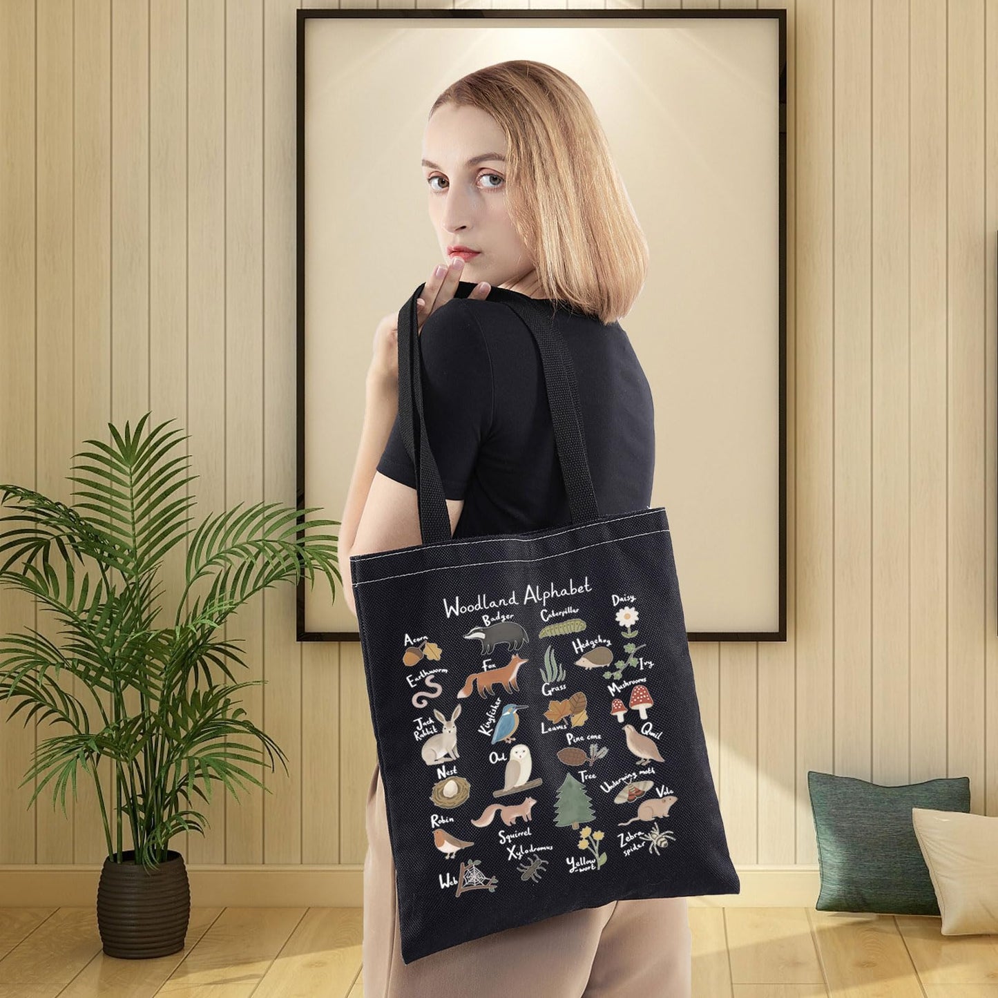 LEVLO Animal Alphabet Canvas Tote Bag - Woodland Themed Gift A-Z Grocery Bag (Black Tote)