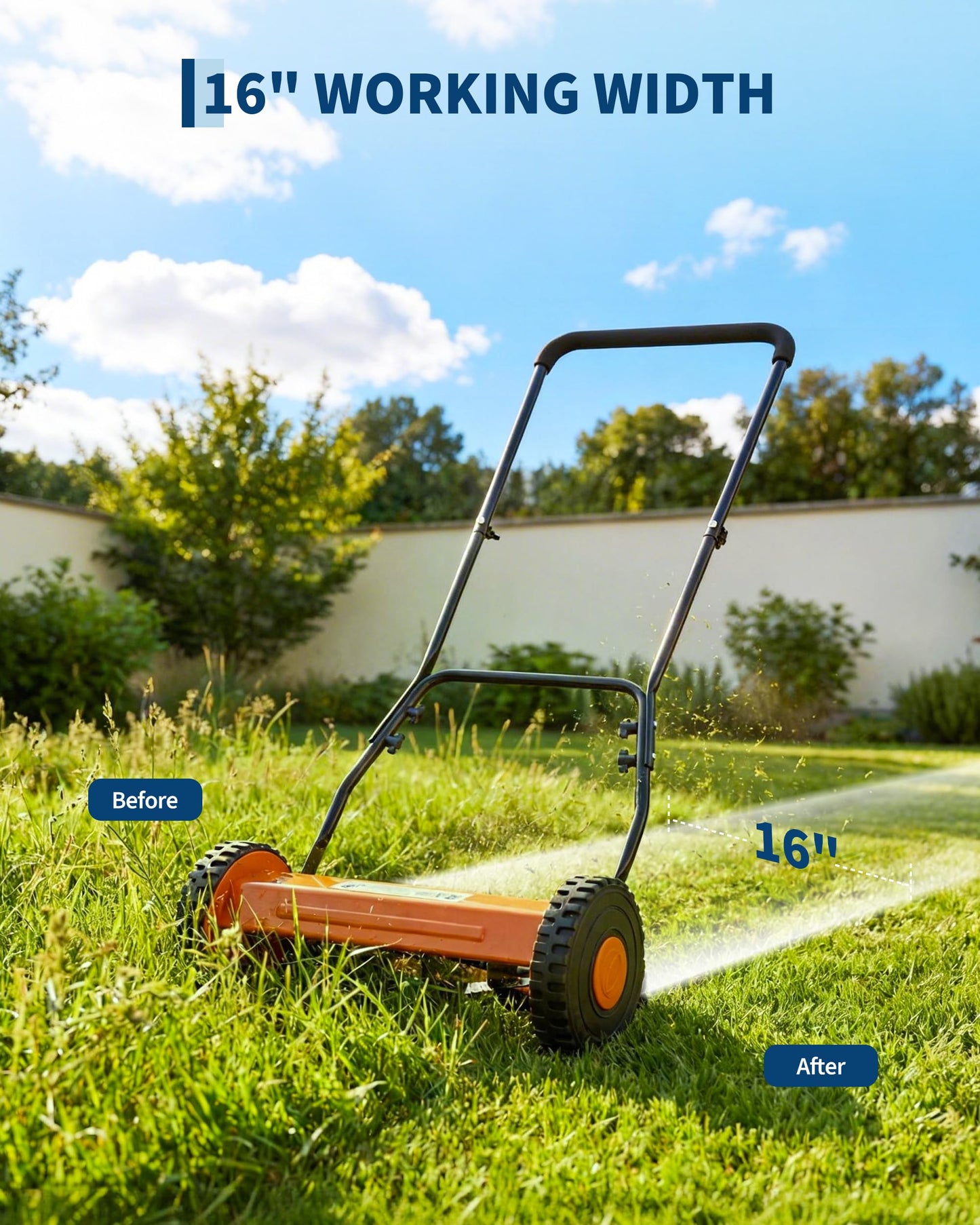16 Inch Manual Reel Lawn Mower, 5-Blade Push Reel Mower with Adjustable Cutting Height, Walk-Behind Compact Hand Push Mower for Small Yards, Quiet Cordless Mowing (Orange) — No Grass Catcher Bag