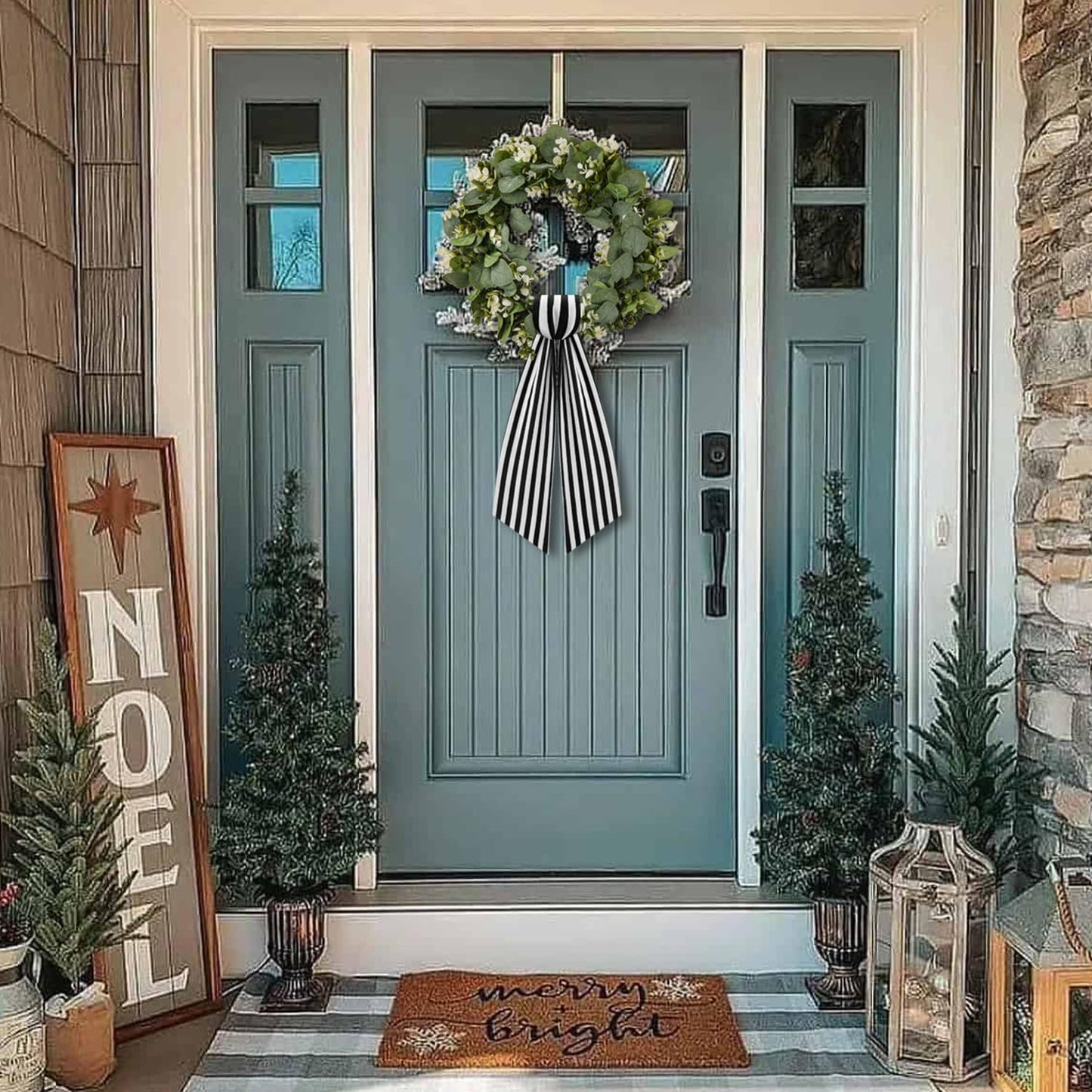 2 Pack Boxwood Wreath Sash Garland for Front Door Porch Decor (Black and White Stripe)