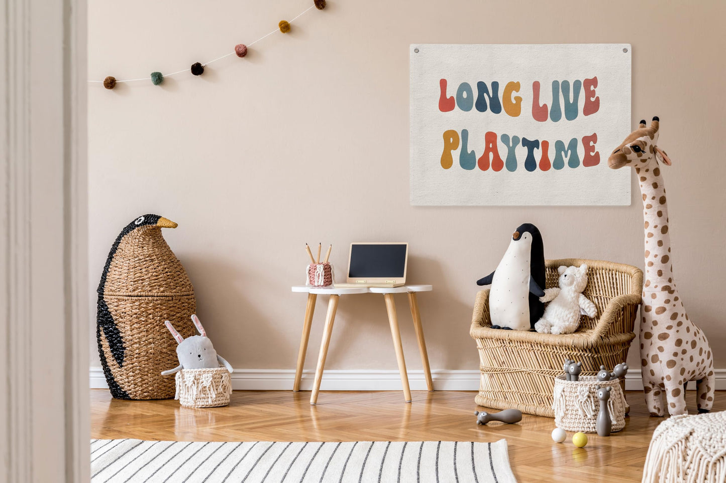 100% Cotton Canvas Long Live Playtime Banner, Toddler Kids Room Nursery, Odor-Free Printed Wall Decor Hanging, Kids Room & Playroom Wall Decor