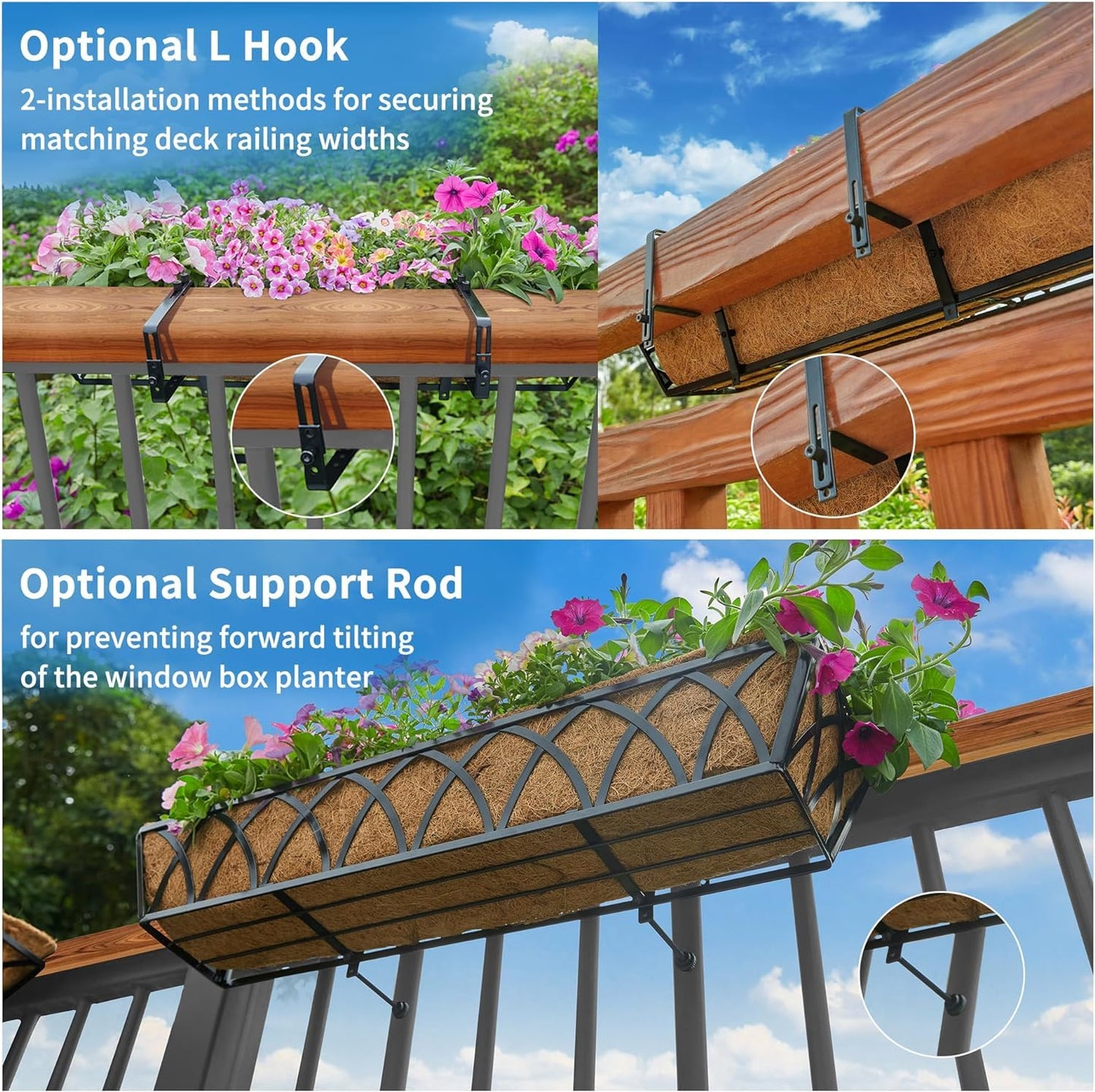 Y&M Railing Planter Boxes, Metal Hanging Balcony Planter, Adjustable Deck Railing Planter for Fence, Window Boxes Outdoor, Heavy Duty Flower Box for Porch Rail-30inch 4pcs