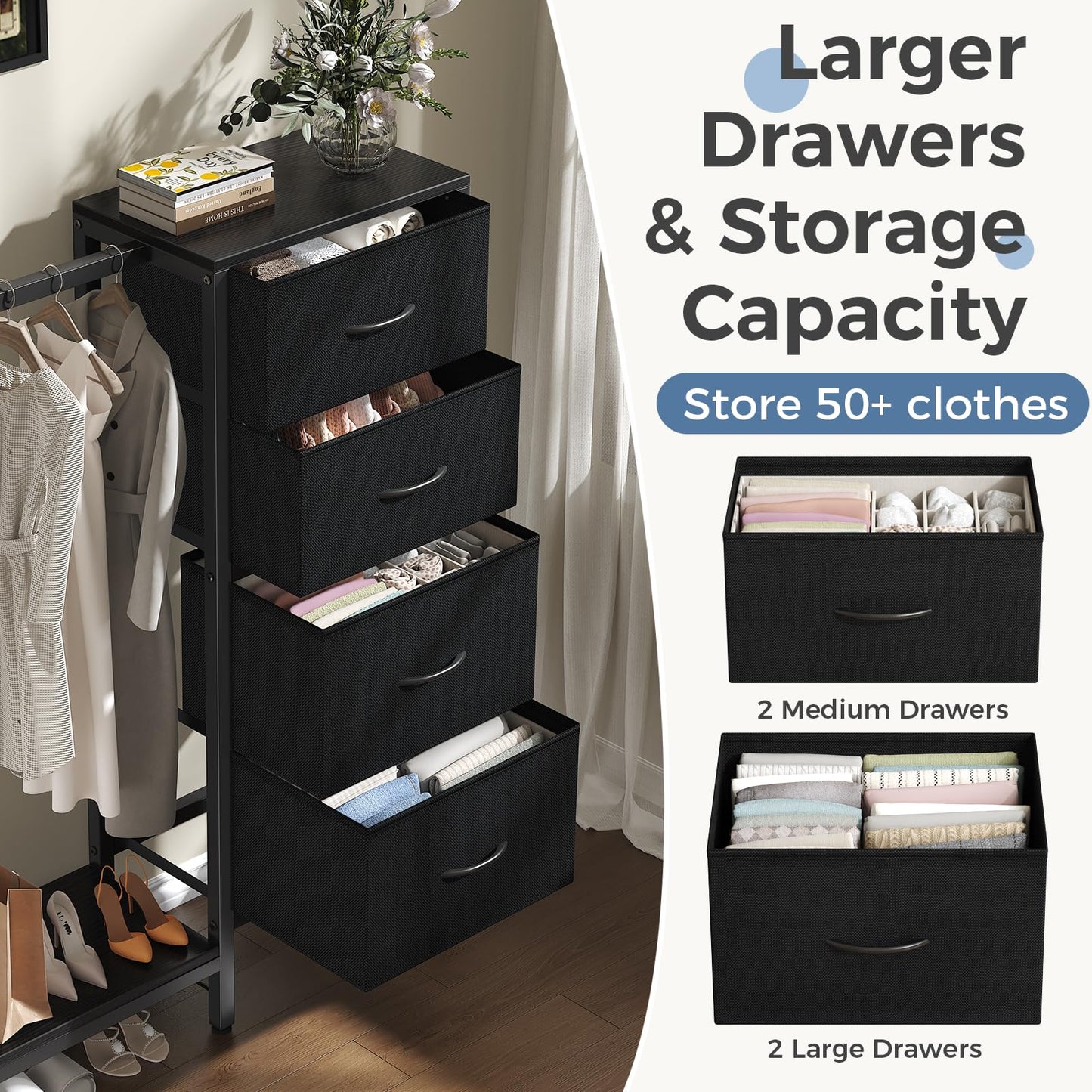 OLIXIS 4 in 1 Storage with Hanging Rack, Clothes Rack Shoes Rack, Bag Hook, Tall Storage Tower, Sturdy Frame for Bedroom Entryway Living Room Black