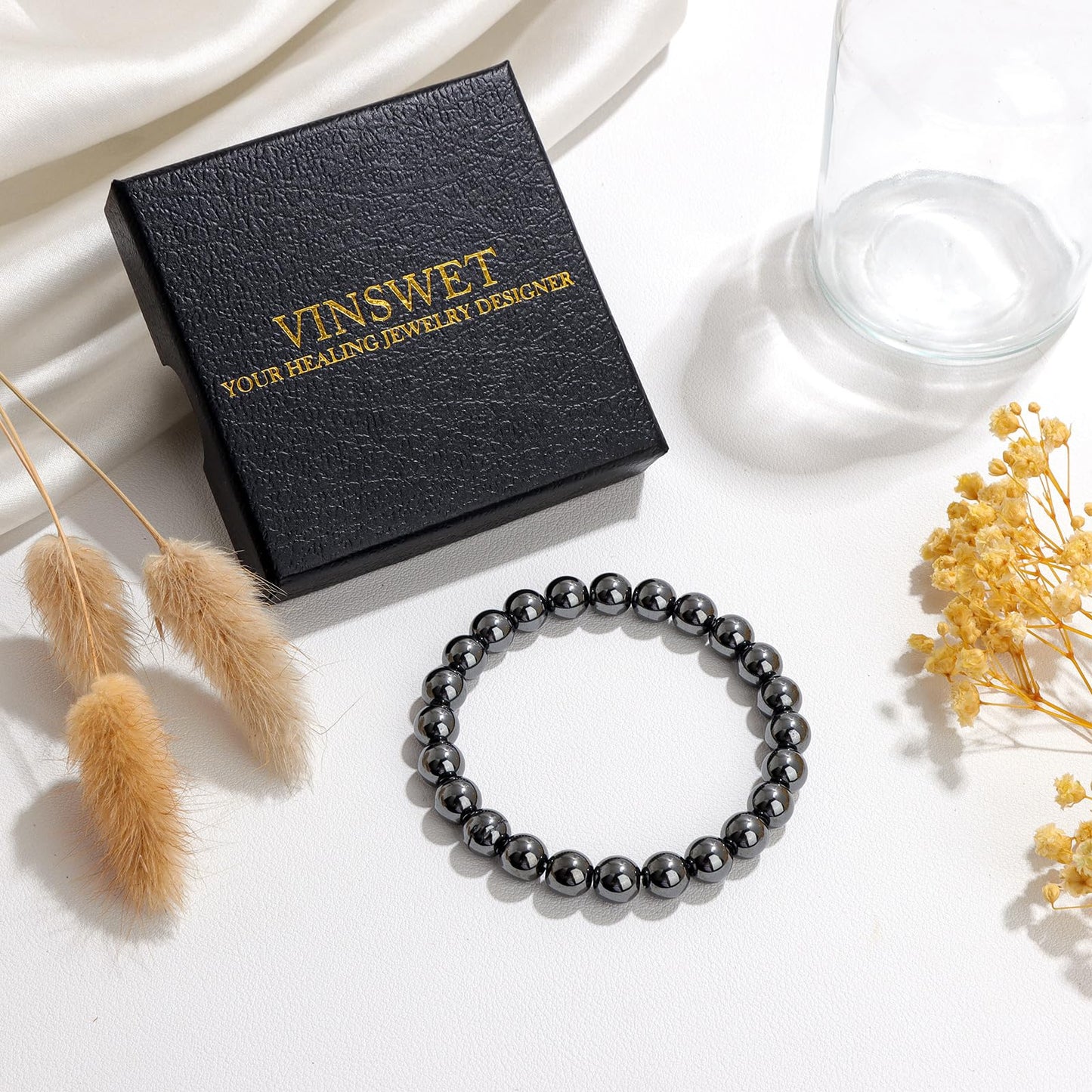 Vinswet Healing Crystal Bracelets for Women Men 8mm Hematite Natural Stone Beaded Stretch Bracelet Handmade Gemstone Reiki Spiritual Jewelry Gifts