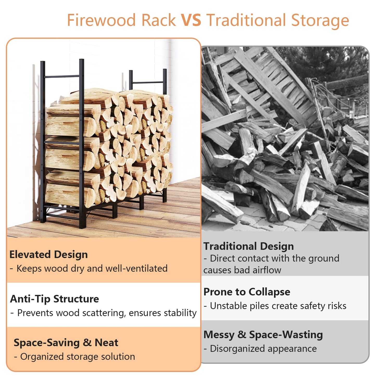 C-Hopetree 4Ft Outdoor Indoor Firewood Rack, Adjustable Metal Log Holder for Fireplace, Heavy Duty Wood Pile Storage Organizer Stacker Stand, Black