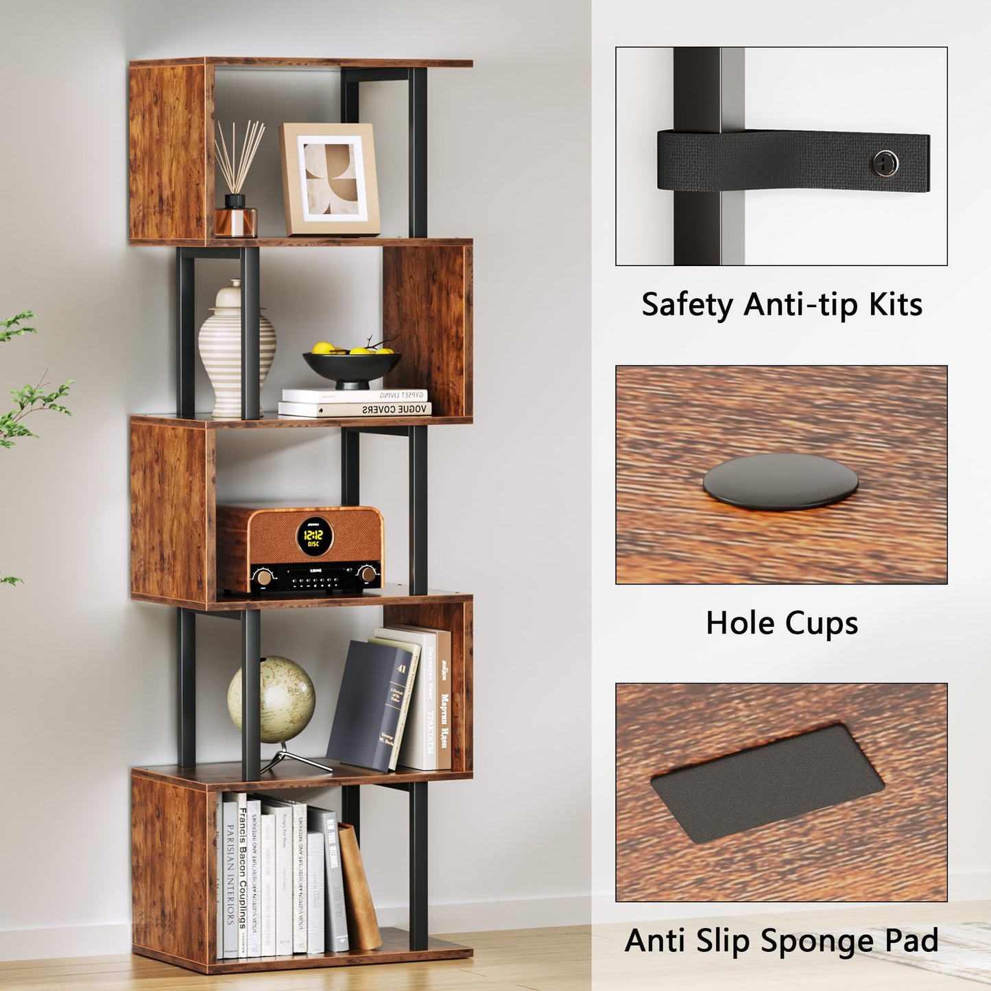 Furologee 6 Tier Bookshelf, Tall S Shaped Geometric Bookcase, Modern Display Shelf Standing Unit, Wood Metal Decorative Divider Rack for Living Room Bedroom Office, Rustic Brown