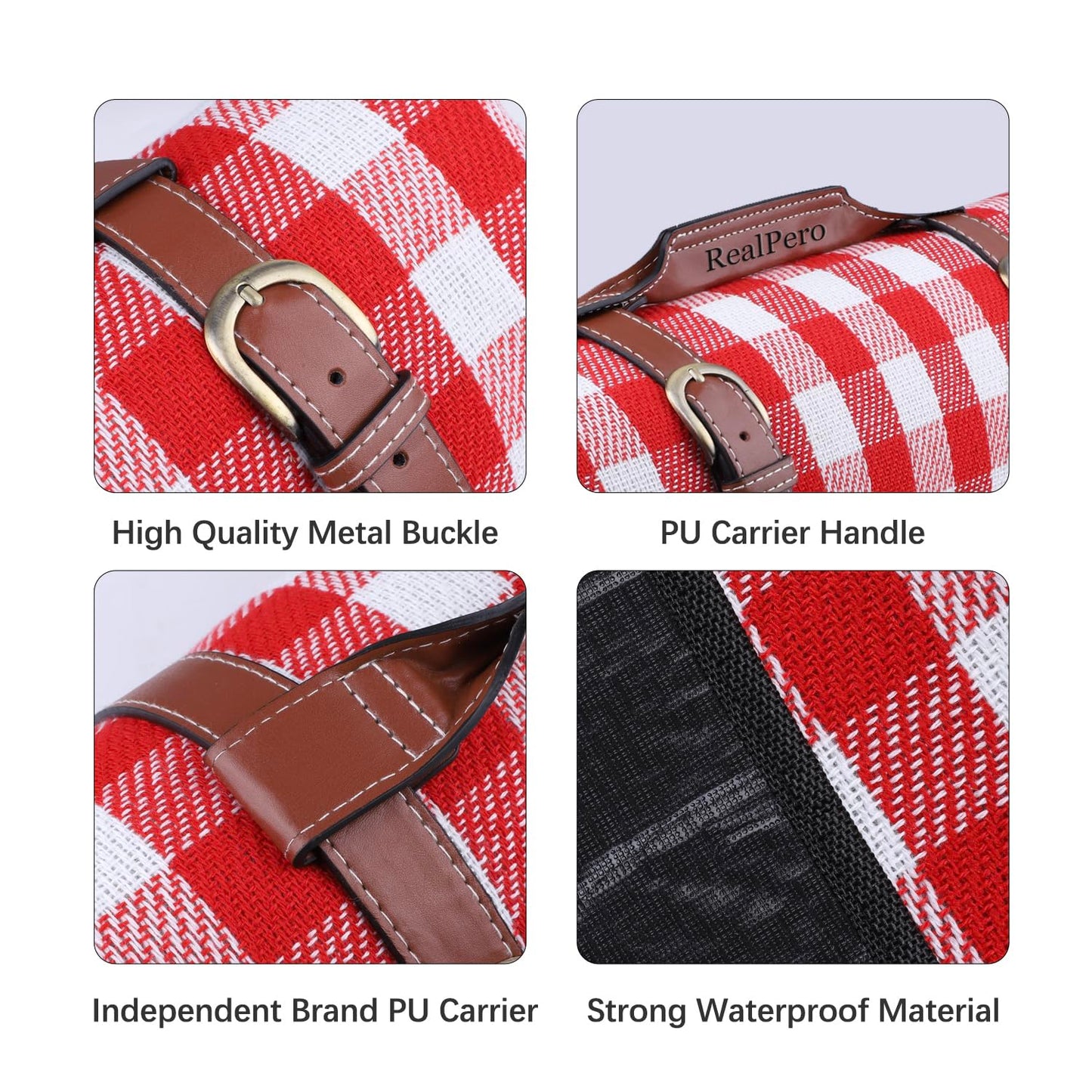 RealPero Extra Large Picnic Blanket, 80"x60" Waterproof Sandproof Beach Mat, Soft Foldable Outdoor Camping Mat with PU Carrier, Red White Plaid Portable Mat for Lawn, Grass, Travel & Park