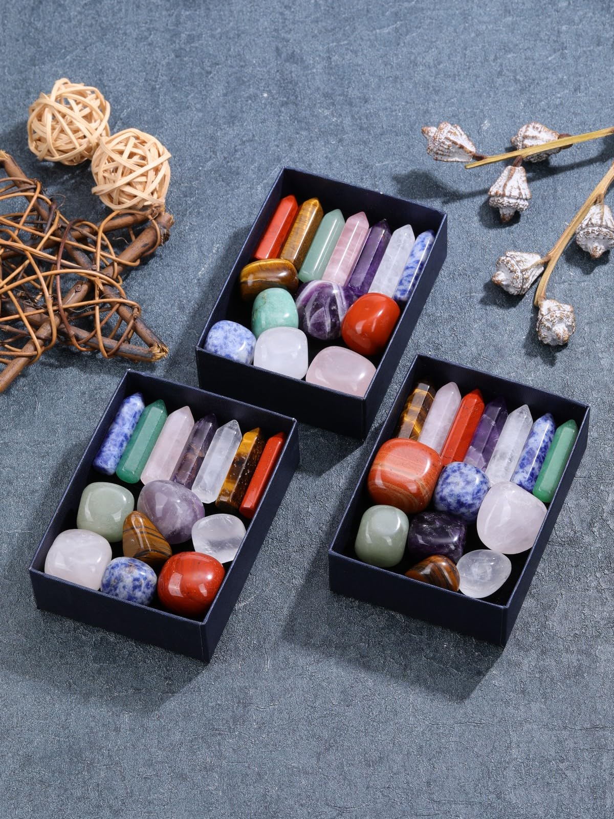 MANIFO Healing Crystals Stones Set in Box, Hexagonal Pointed Crystal Wand with 7 Chakra Tumble Stone for Chakra Meditation Christmas Gifts