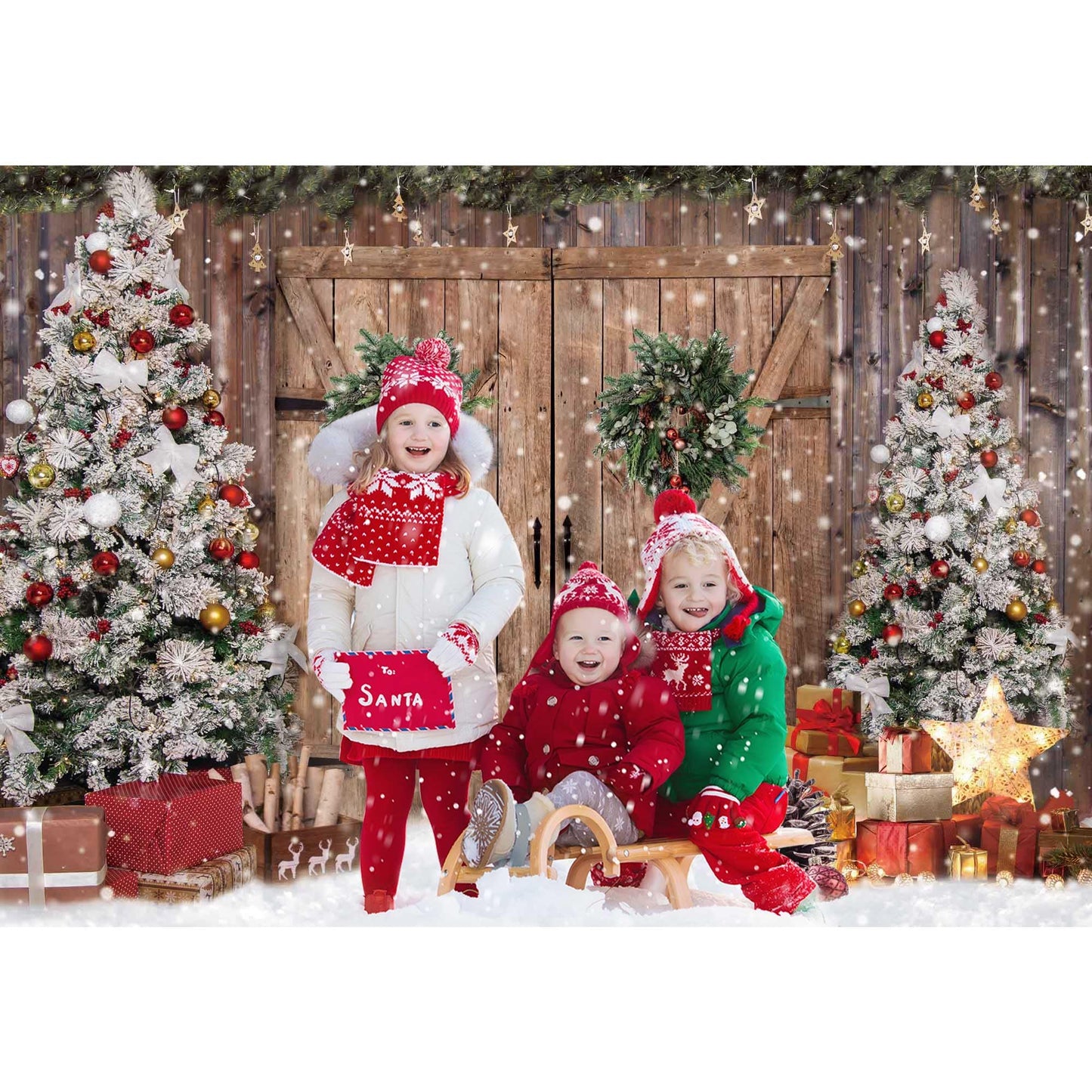 Felortte 7x5FT Polyester Fabric Winter Christmas Rustic Barn Wood Door Photography Backdrop Xmas Tree Snow Background Banner for Family Holiday Party Decoration Supplies Photo Studio Props Pictures