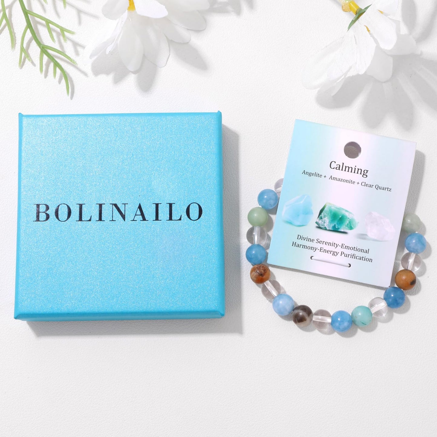 Bolinailo Healing Crystal Calming Bracelet 8mm Crystal Beaded Bracelet for Women Men Natural Stones of Angelite, Amazonite and Clear Quartz Handmade Gemstone Reiki Spiritual Jewelry Gifts