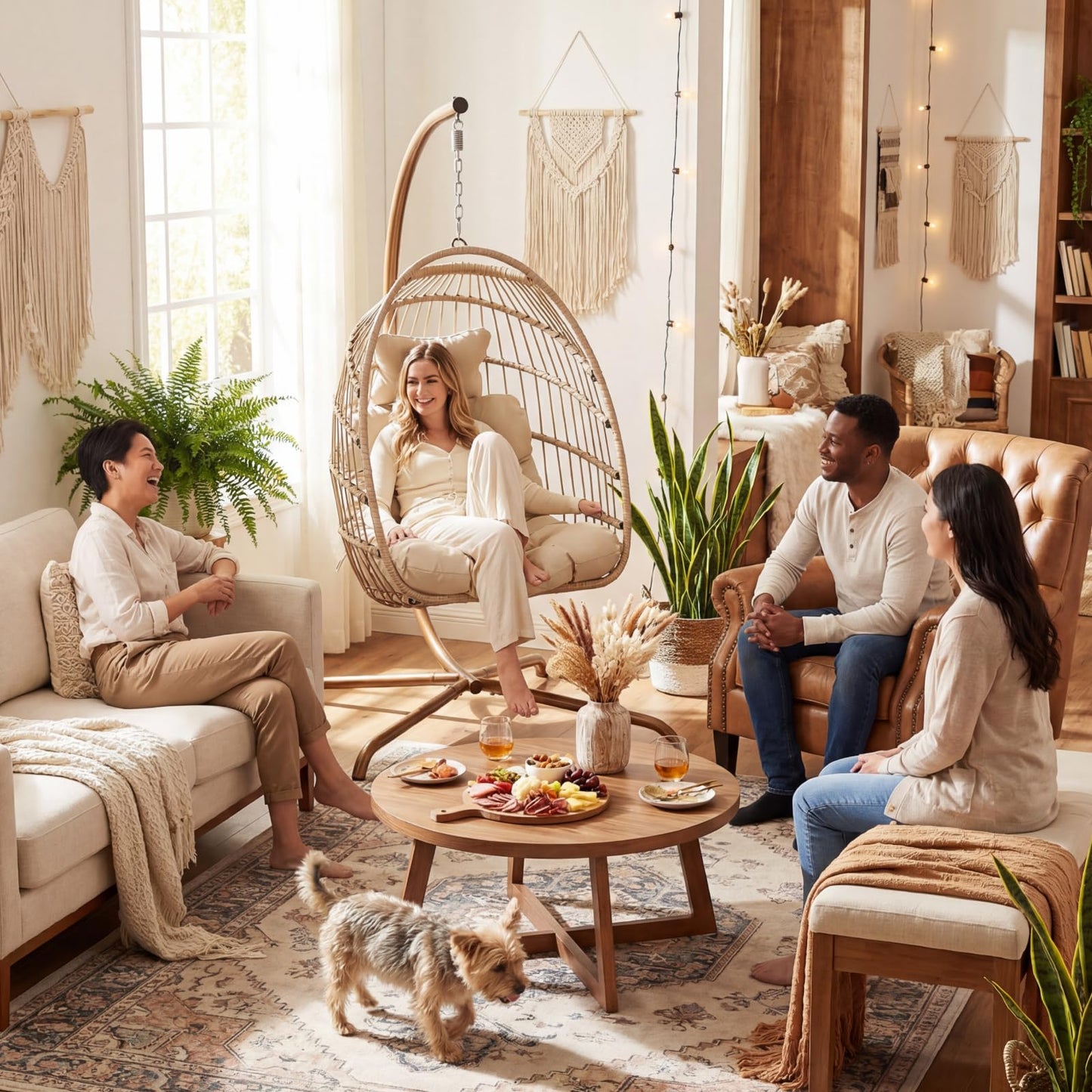NICESOUL Hanging Egg Chair with Stand Indoor Outdoor, Comfy Patio Rattan Swing Hammock Chairs with Cushion, 350lbs Capacity Egg Shaped Chair for Lawn Backyard Balcony Bedroom, Birthday Gift, Beige