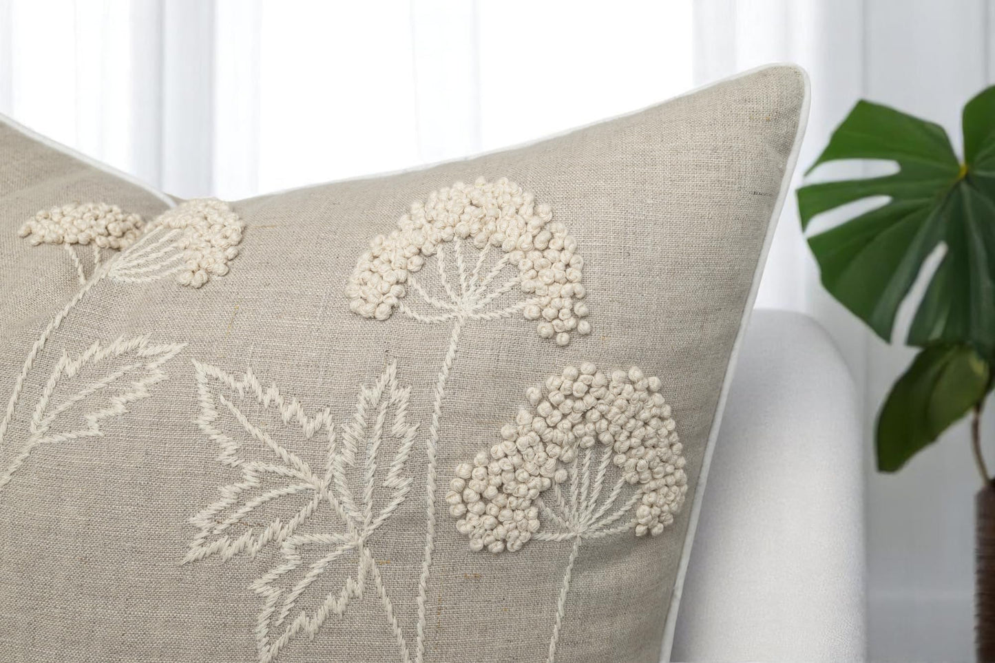 Rudransha Hand Embroidered Wildflower Throw Pillow Cover - 20x20 Inch Natural Linen - Blooming