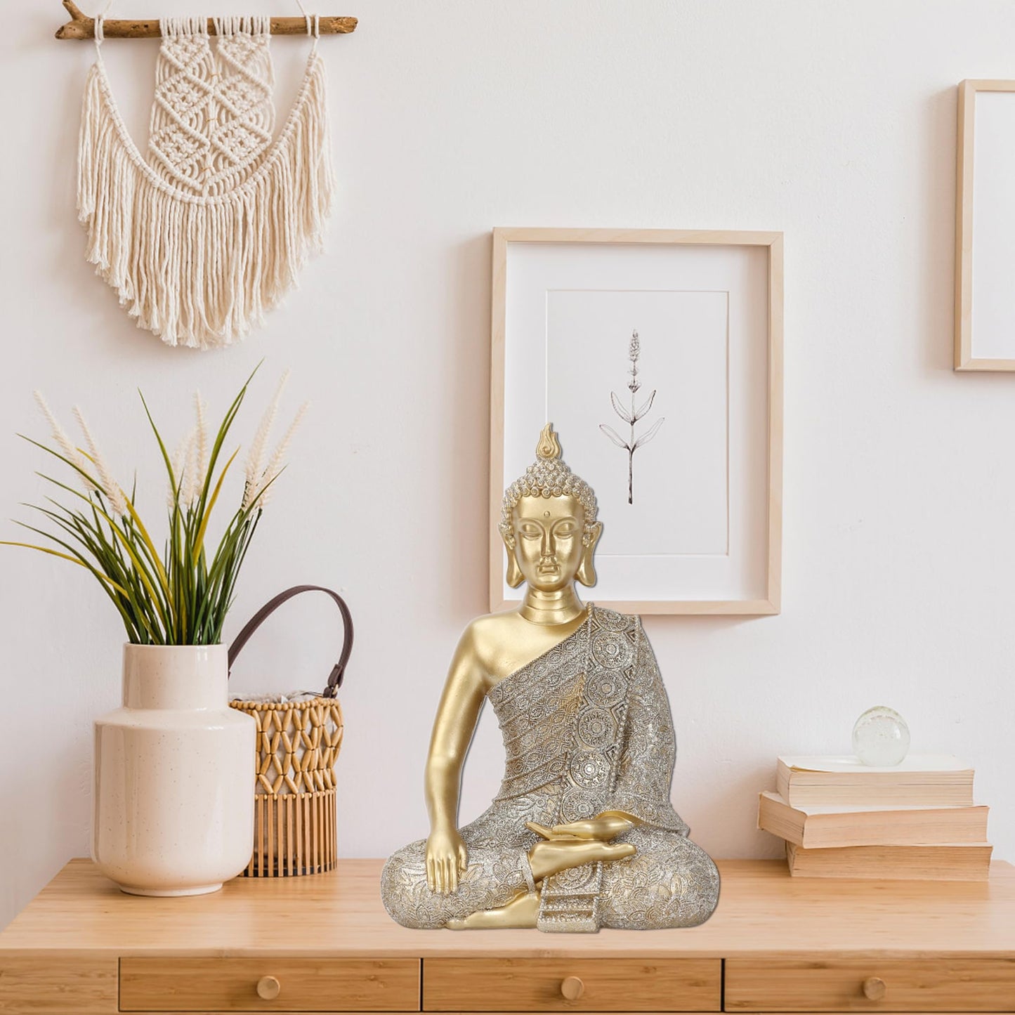 Golden Buddha Figurine - Meditating Seated Buddha Statue - Polyresin Statuary Meditation Figurine Altar Spiritual Decoration Indoor Outdoor Asia Sculpture for Garden, Patio, Deck, Porch Yard Art