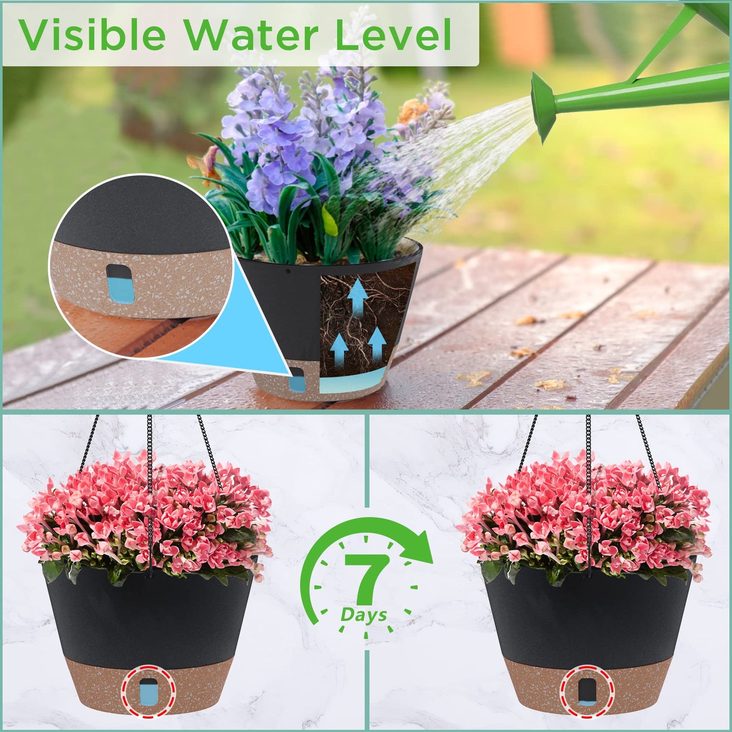 SOSMAR 2 Pack Hanging Planters, 10 Inch Hanging Pots with Visible Water Level, 6 Pcs Hooks, Decorative Flower Pot Holder with Drainage for Indoor Outdoor Use